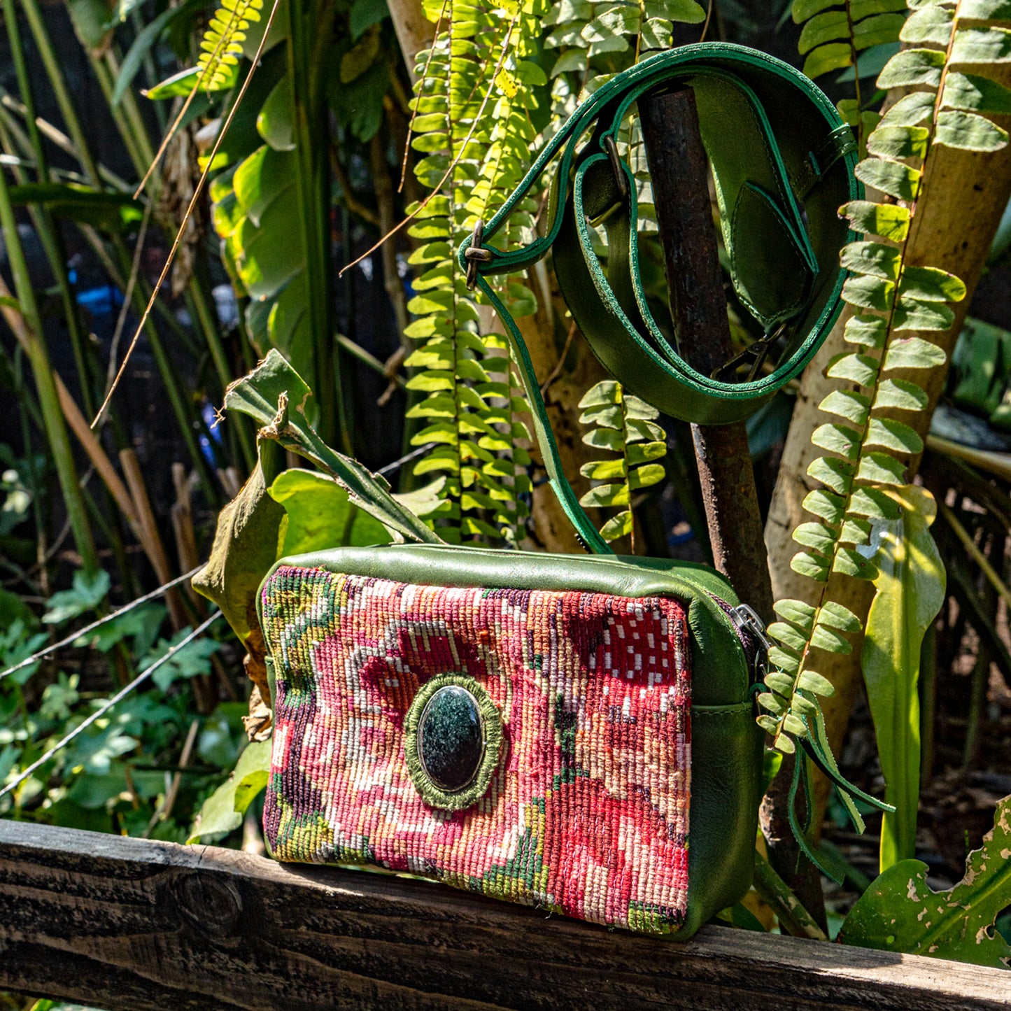 WANDER CROSSBODY BAG + STRAP SET - OOAK HUIPIL WITH JADE - EMERALD - NO. 15551