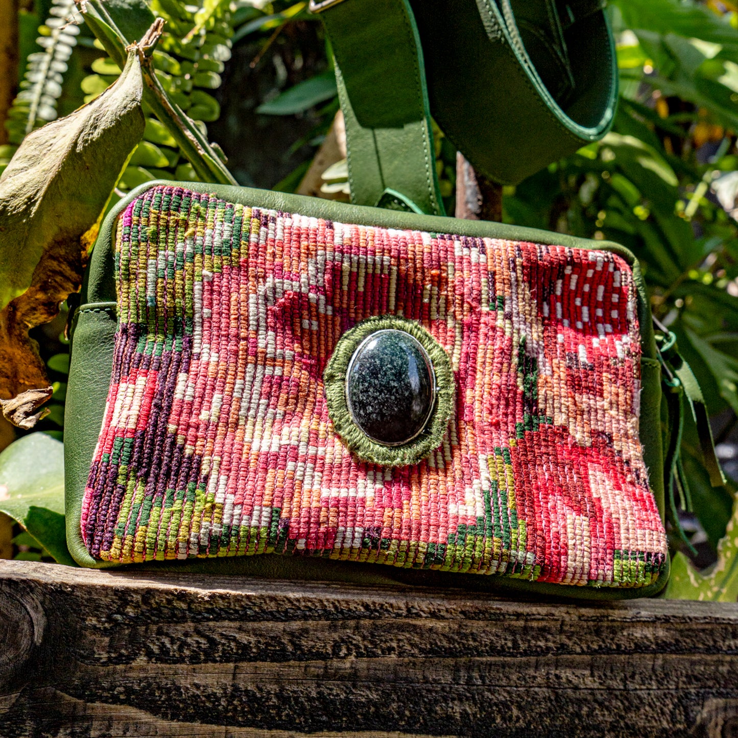 WANDER CROSSBODY BAG + STRAP SET - OOAK HUIPIL WITH JADE - EMERALD - NO. 15551