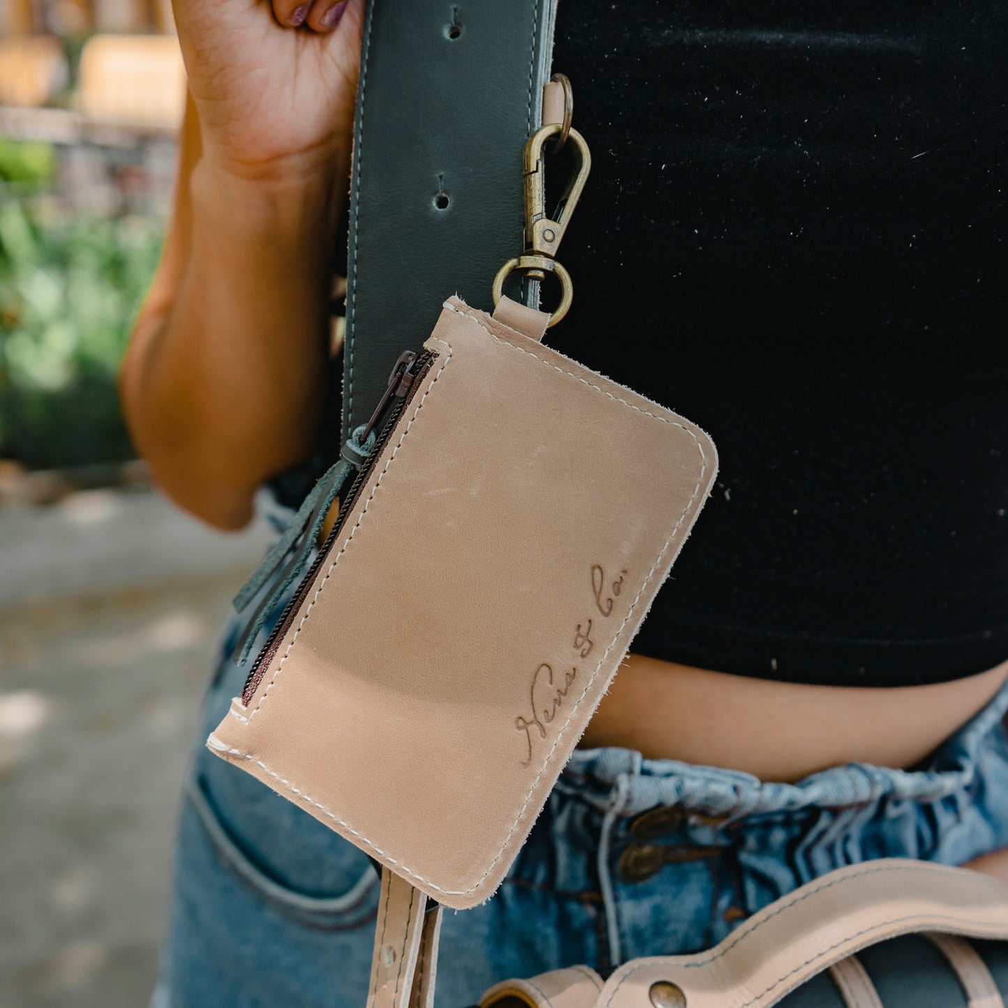 ZIPPED CARD CASE - FULL LEATHER - TAN & SLATE