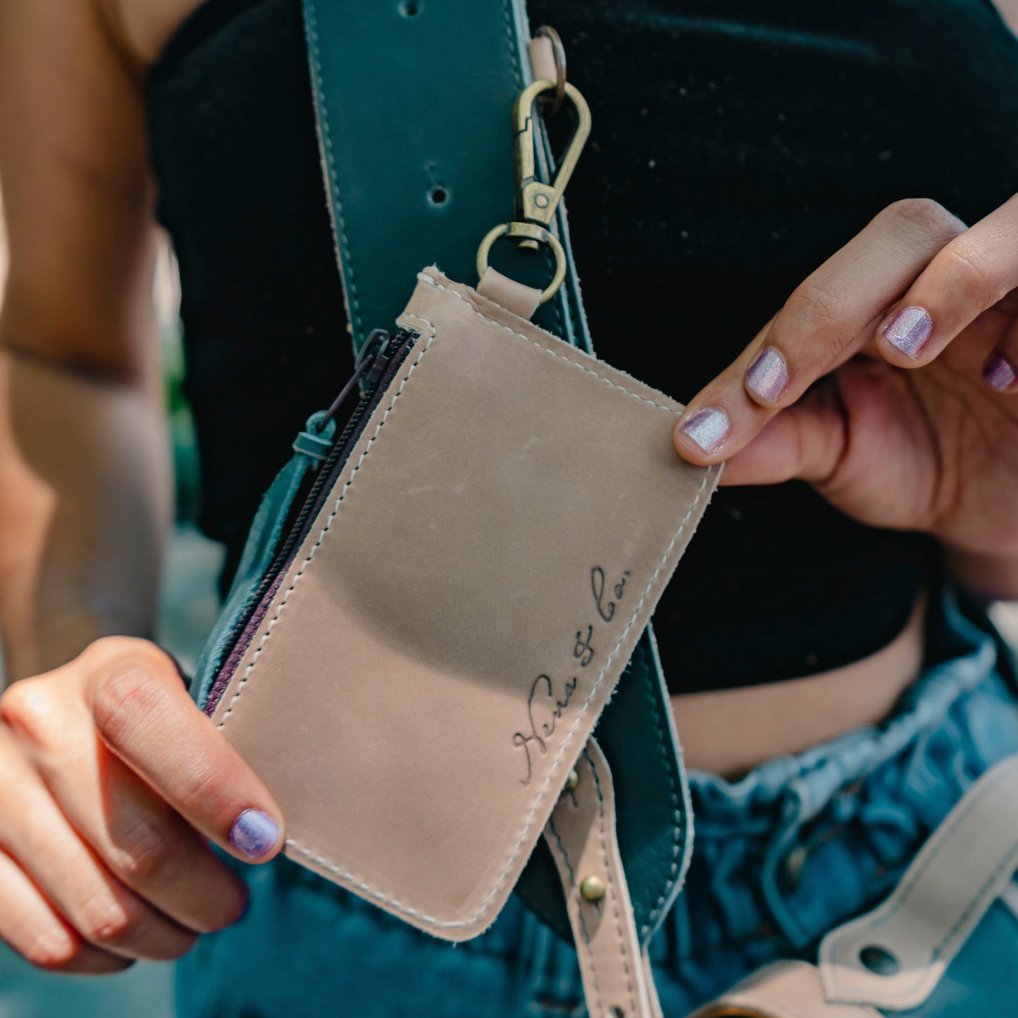 ZIPPED CARD CASE - FULL LEATHER - TAN & SLATE