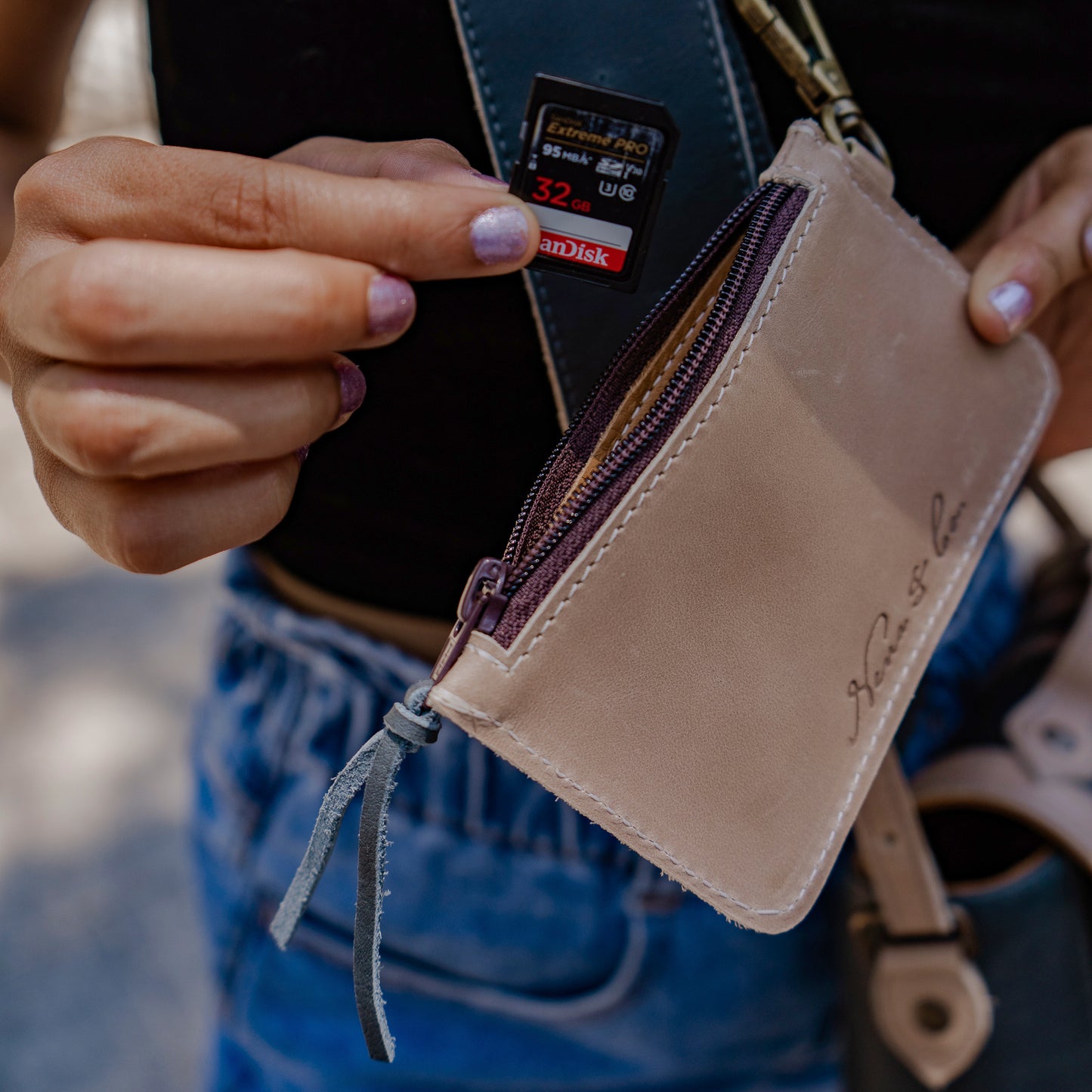 ZIPPED CARD CASE - FULL LEATHER - TAN & SLATE