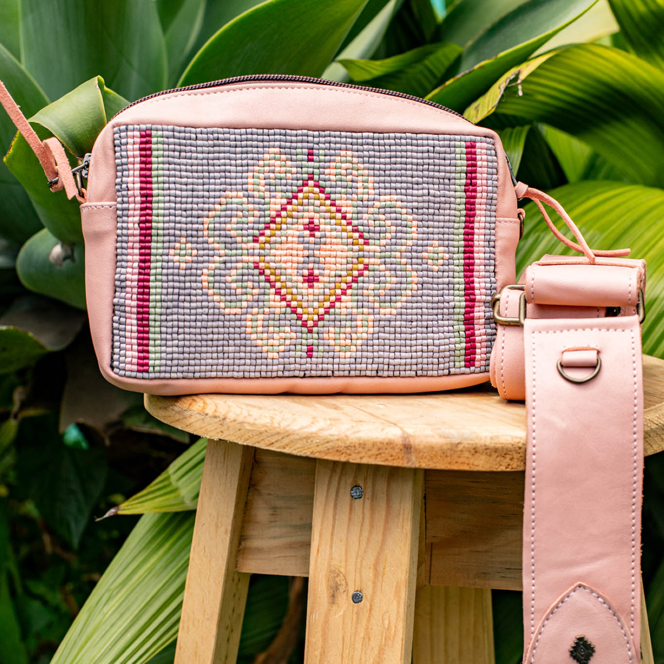 H&S WANDER CROSSBODY SET - OOAK BEADED PANEL - PEACH - NO. 17095