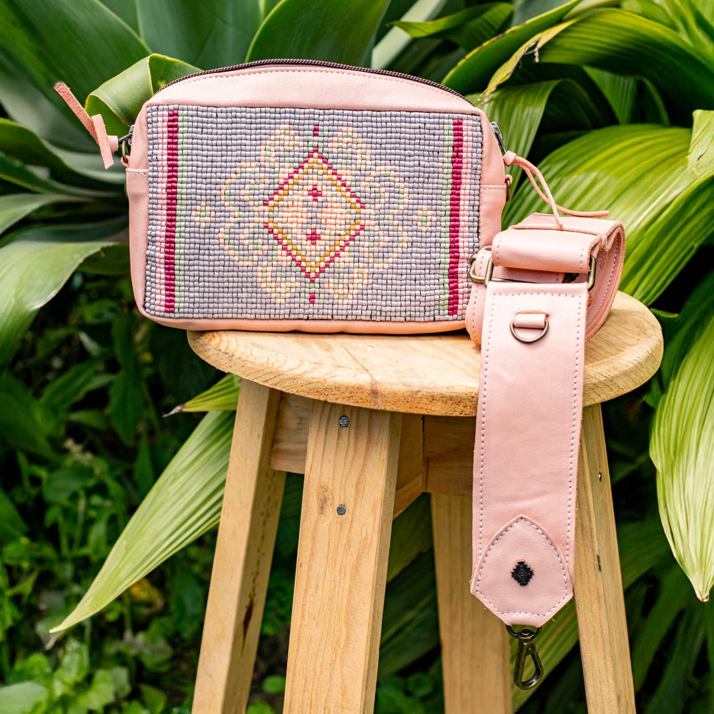 H&S WANDER CROSSBODY SET - OOAK BEADED PANEL - PEACH - NO. 17095