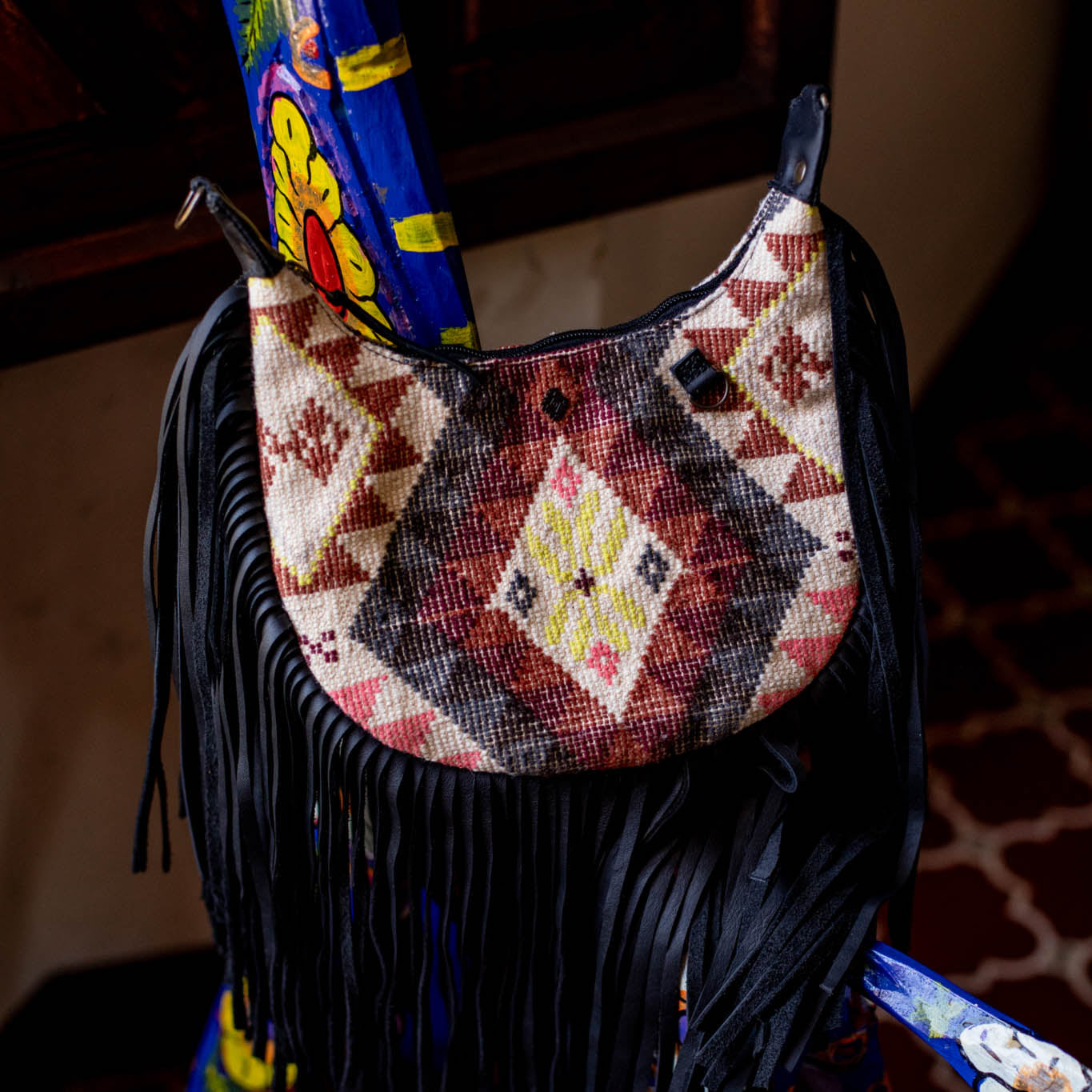 SMALL BOHO FRINGE SADDLE BAG - OOAK HUIPIL - BLACK - NO. 17145