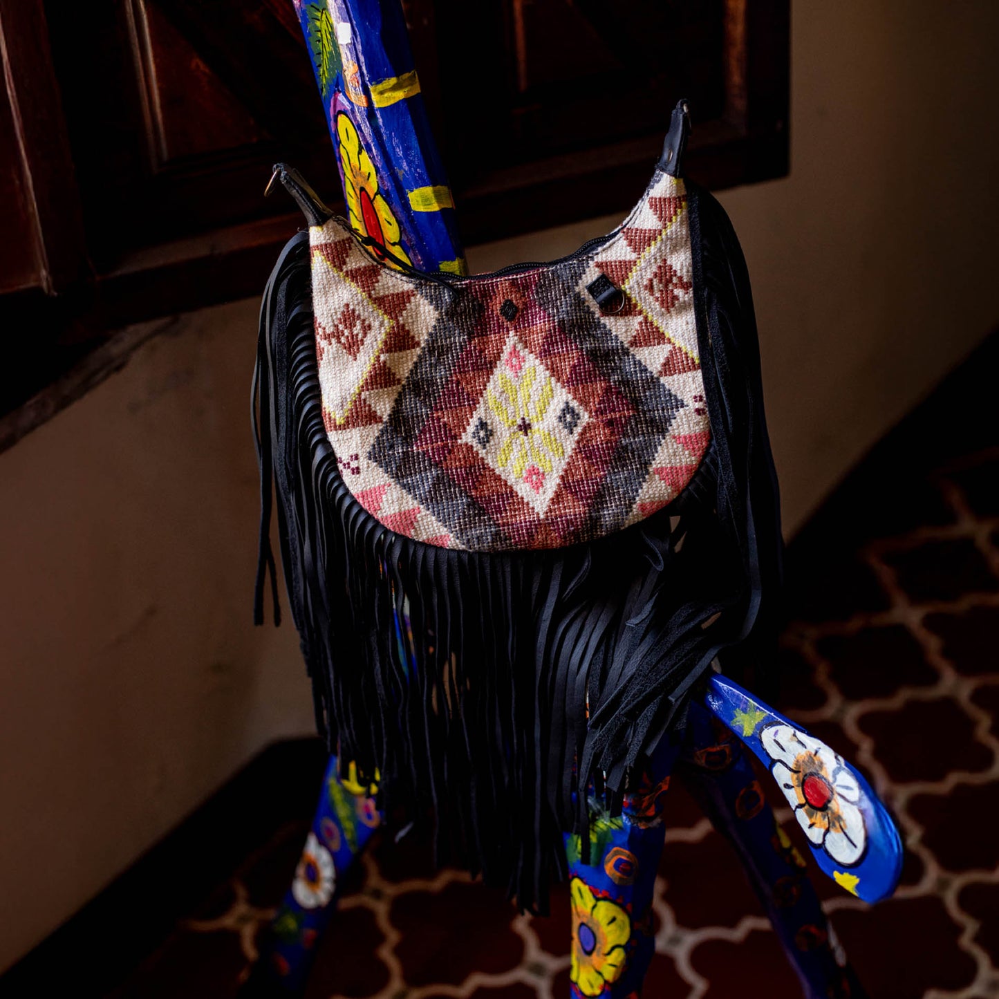 SMALL BOHO FRINGE SADDLE BAG - OOAK HUIPIL - BLACK - NO. 17145