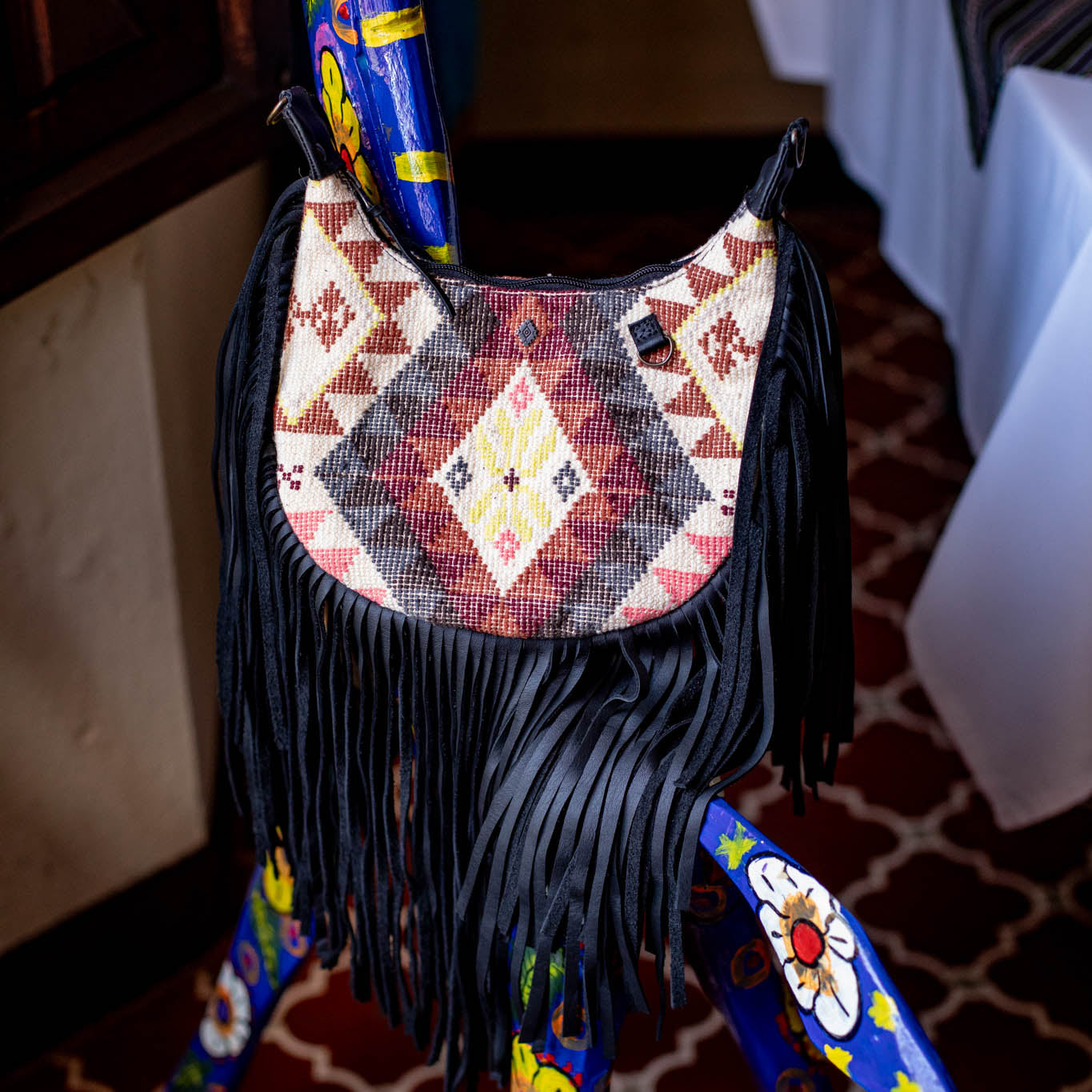 SMALL BOHO FRINGE SADDLE BAG - OOAK HUIPIL - BLACK - NO. 17145