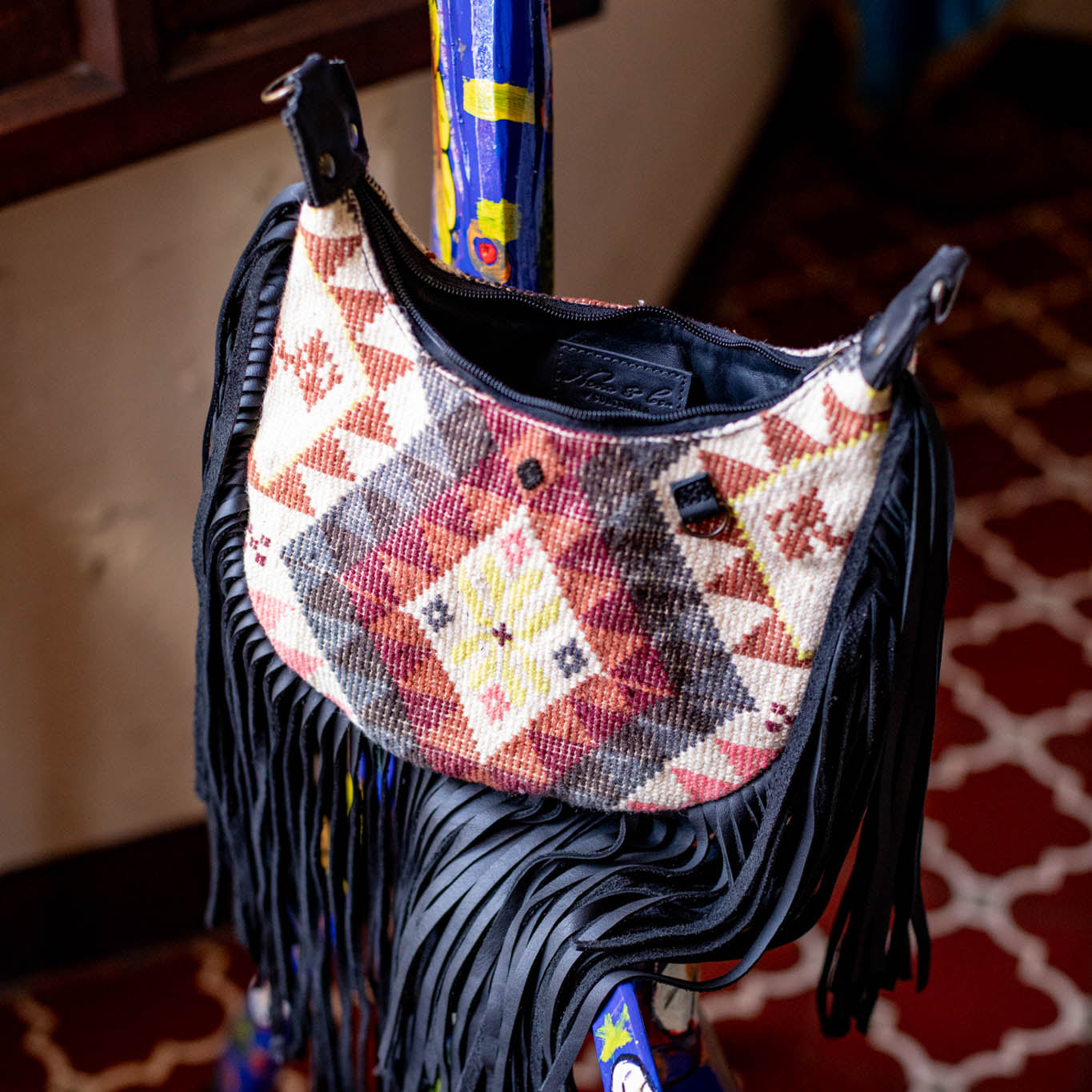 SMALL BOHO FRINGE SADDLE BAG - OOAK HUIPIL - BLACK - NO. 17145