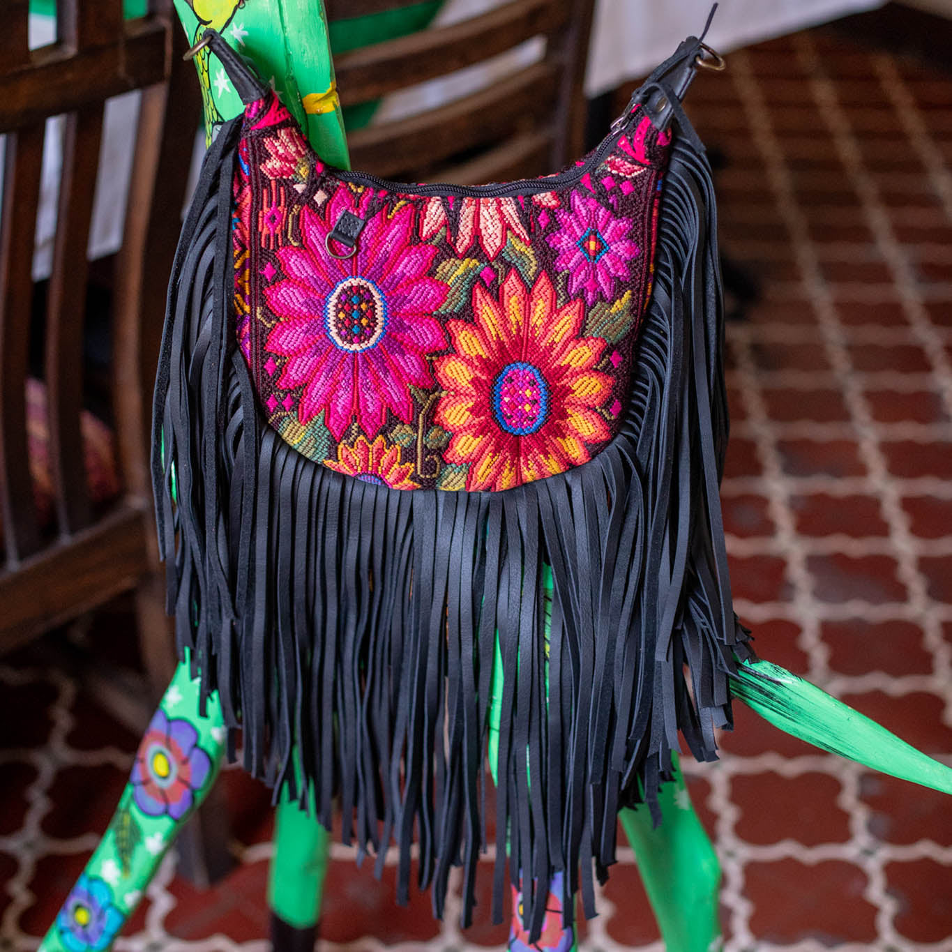 SMALL BOHO FRINGE SADDLE BAG - OOAK HUIPIL - BLACK - NO. 17142