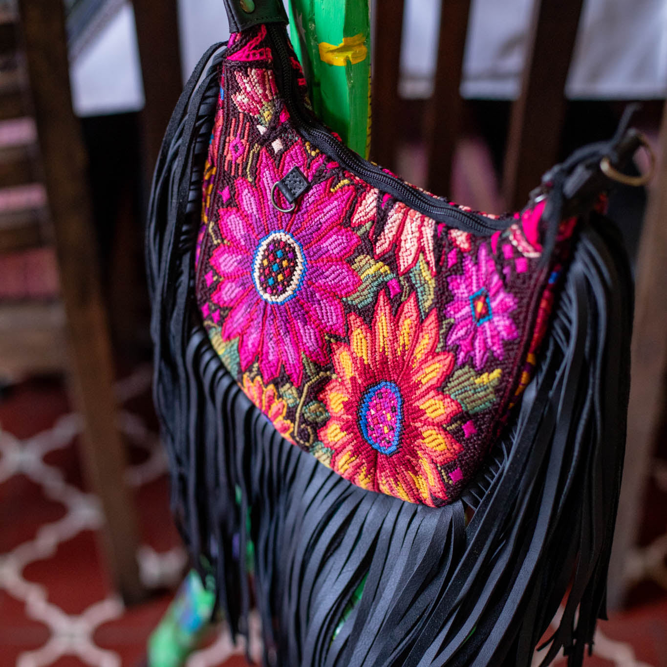 SMALL BOHO FRINGE SADDLE BAG - OOAK HUIPIL - BLACK - NO. 17142