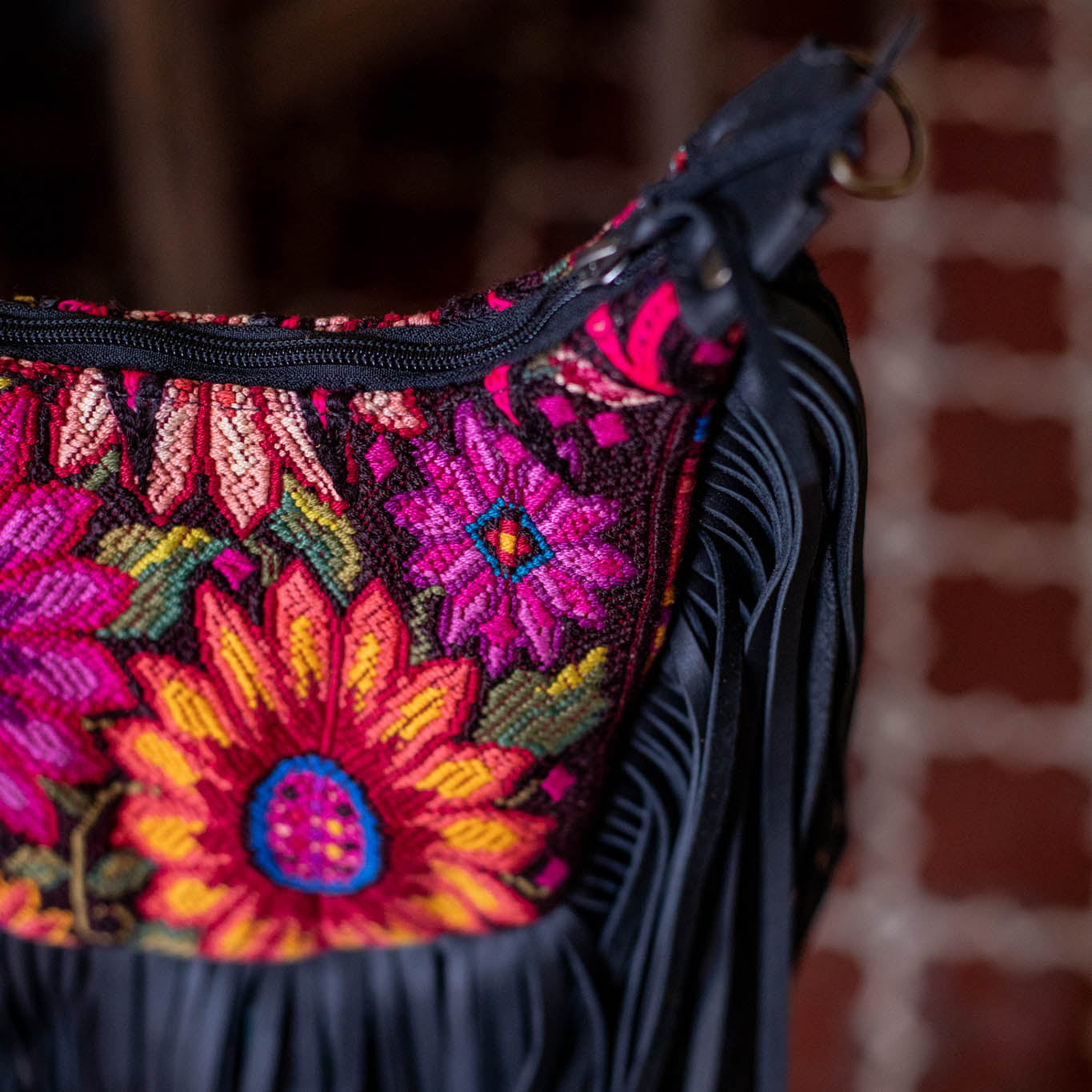 SMALL BOHO FRINGE SADDLE BAG - OOAK HUIPIL - BLACK - NO. 17142