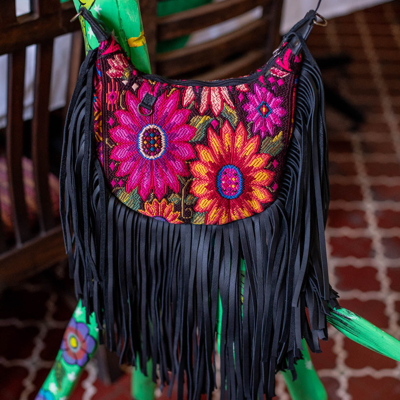 SMALL BOHO FRINGE SADDLE BAG - OOAK HUIPIL - BLACK - NO. 17142