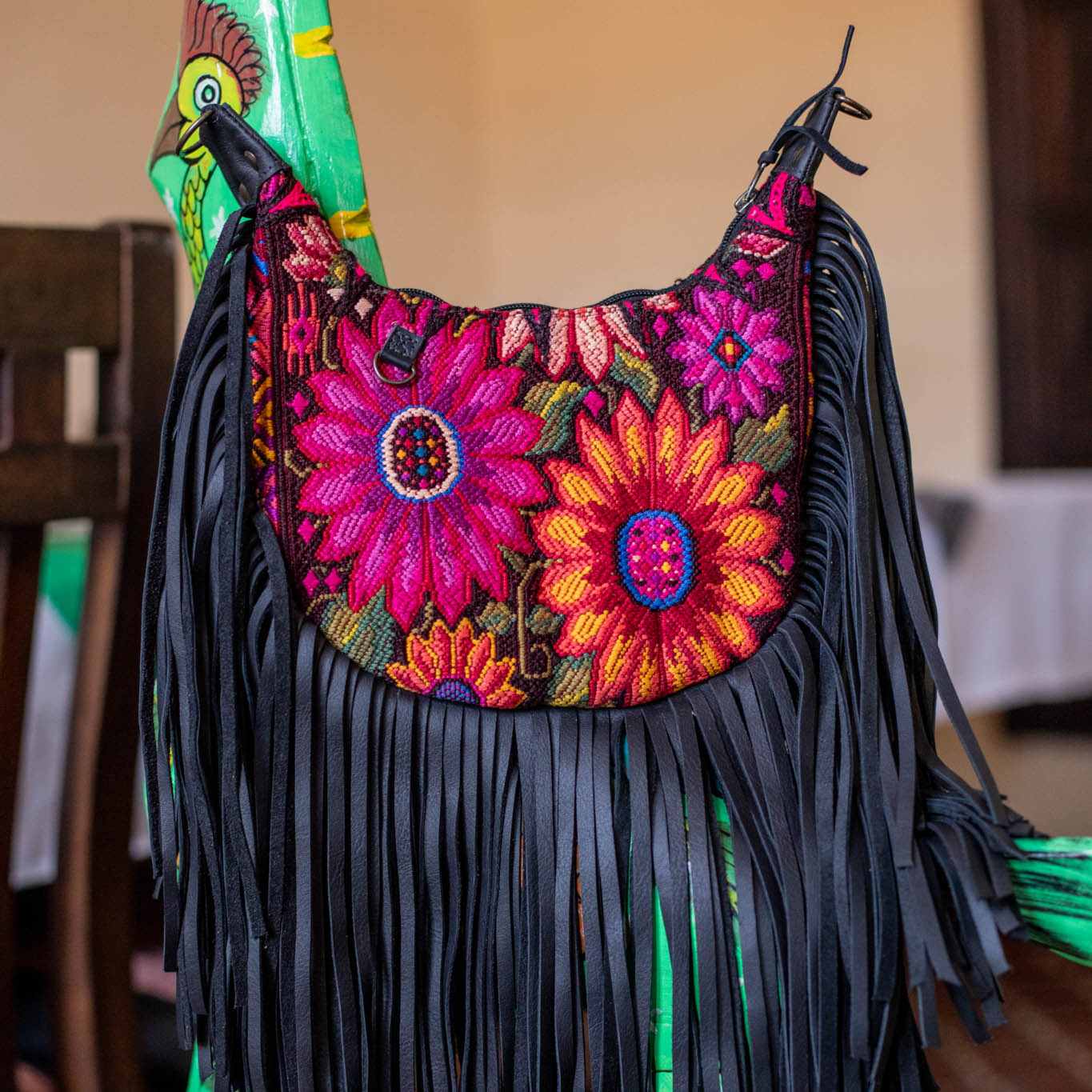 SMALL BOHO FRINGE SADDLE BAG - OOAK HUIPIL - BLACK - NO. 17142