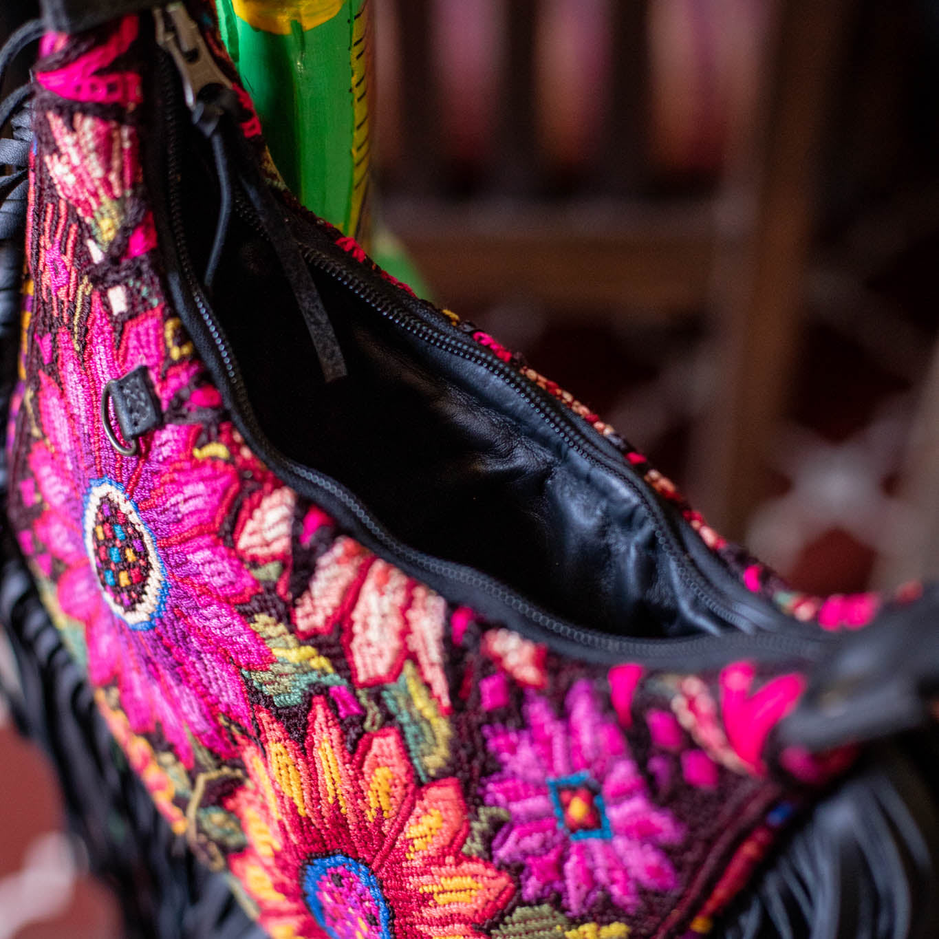 SMALL BOHO FRINGE SADDLE BAG - OOAK HUIPIL - BLACK - NO. 17142