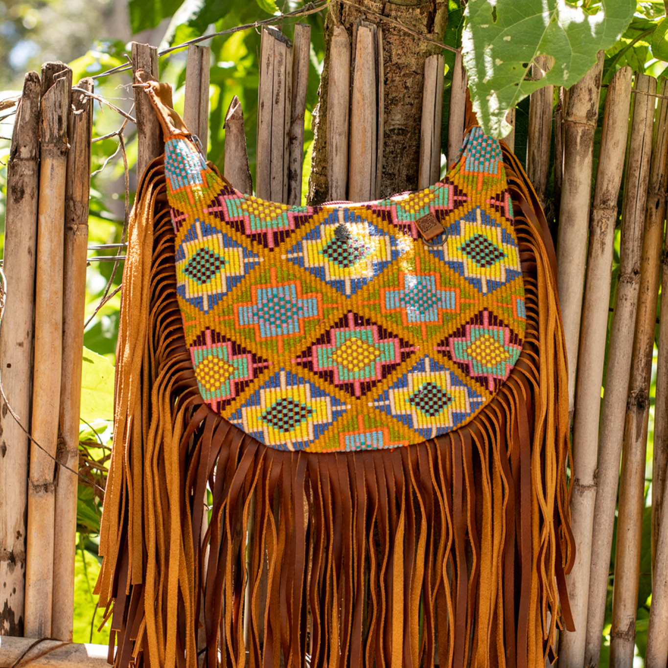 SMALL BOHO FRINGE SADDLE BAG - OOAK HUIPIL - CAFE - NO. 17134