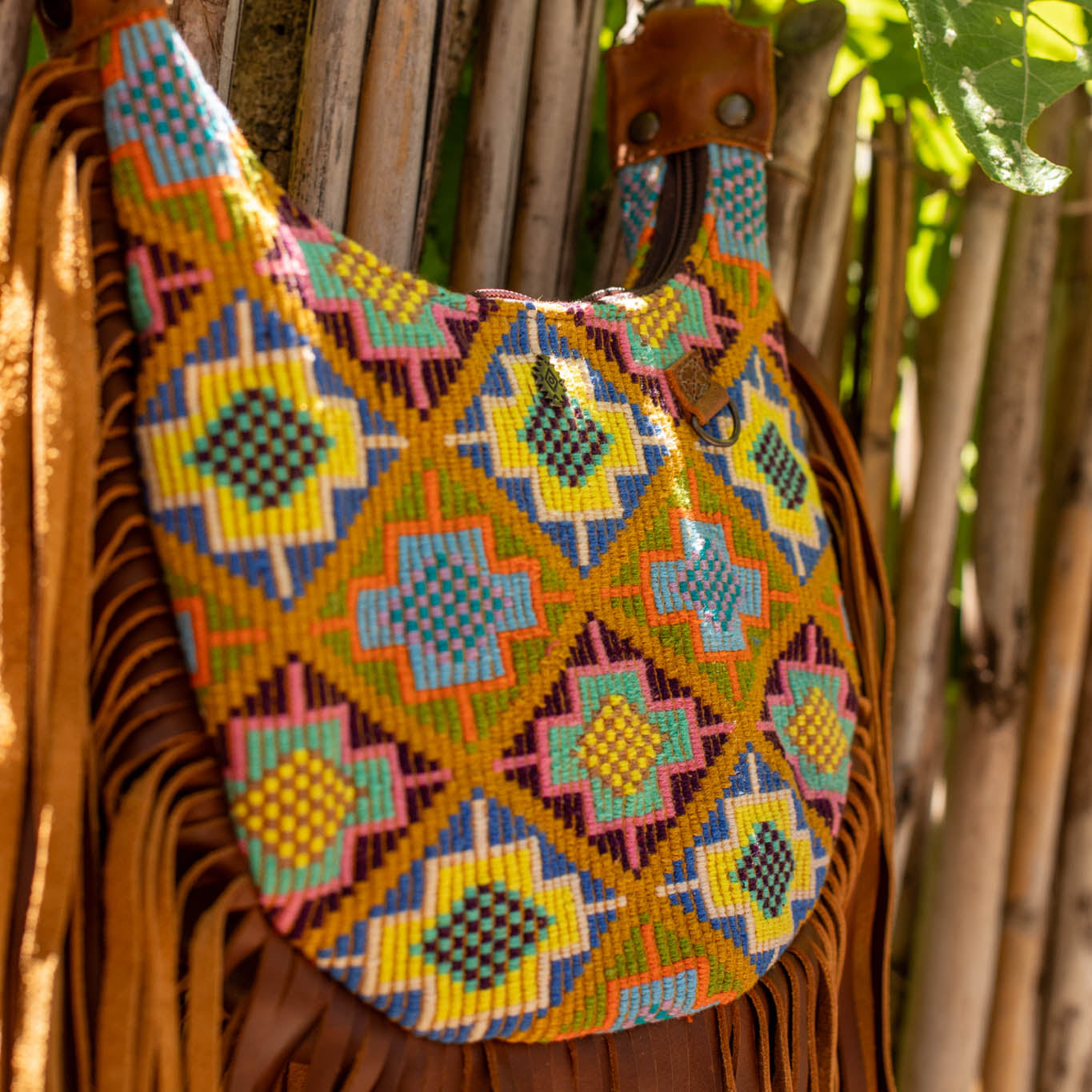 SMALL BOHO FRINGE SADDLE BAG - OOAK HUIPIL - CAFE - NO. 17134