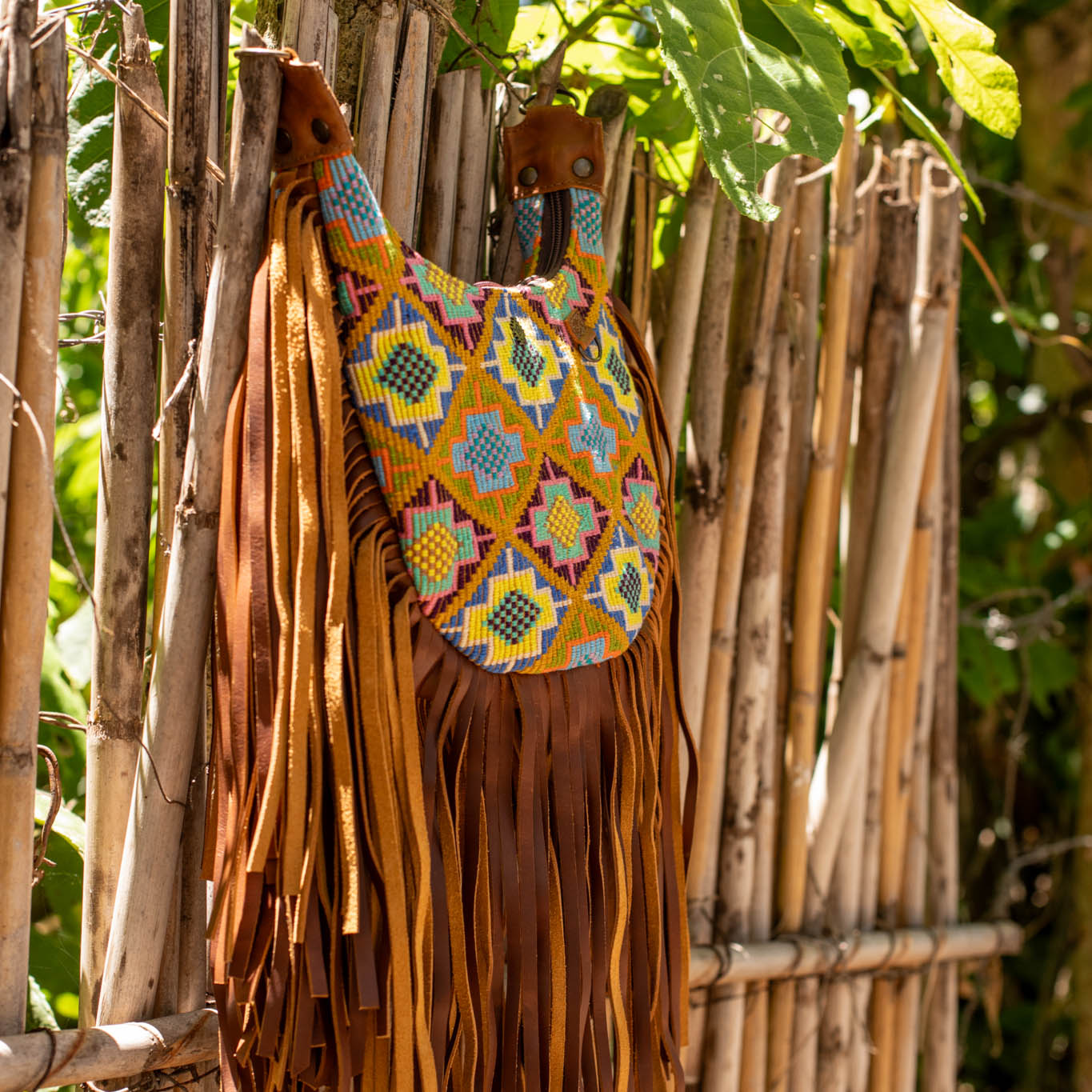 SMALL BOHO FRINGE SADDLE BAG - OOAK HUIPIL - CAFE - NO. 17134