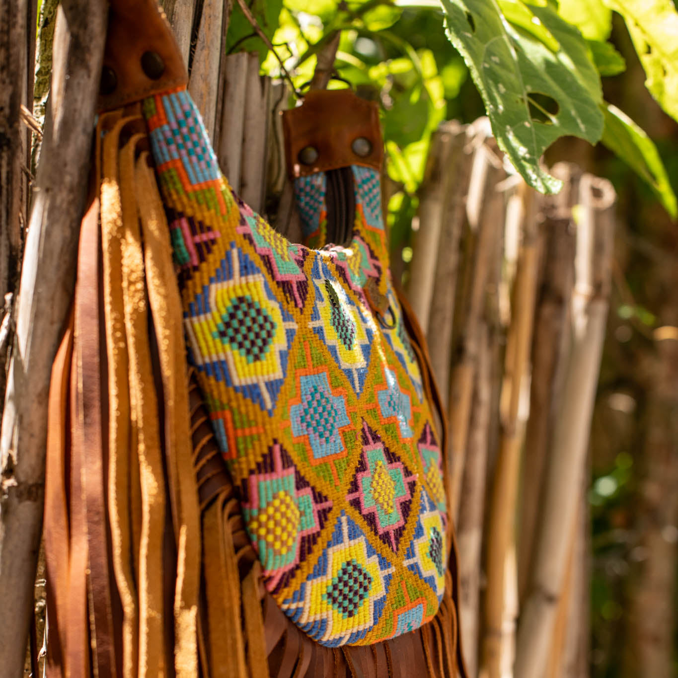 SMALL BOHO FRINGE SADDLE BAG - OOAK HUIPIL - CAFE - NO. 17134