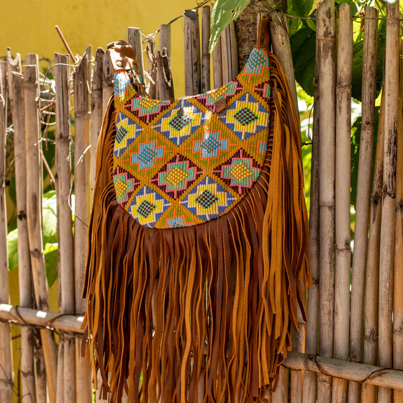 SMALL BOHO FRINGE SADDLE BAG - OOAK HUIPIL - CAFE - NO. 17134