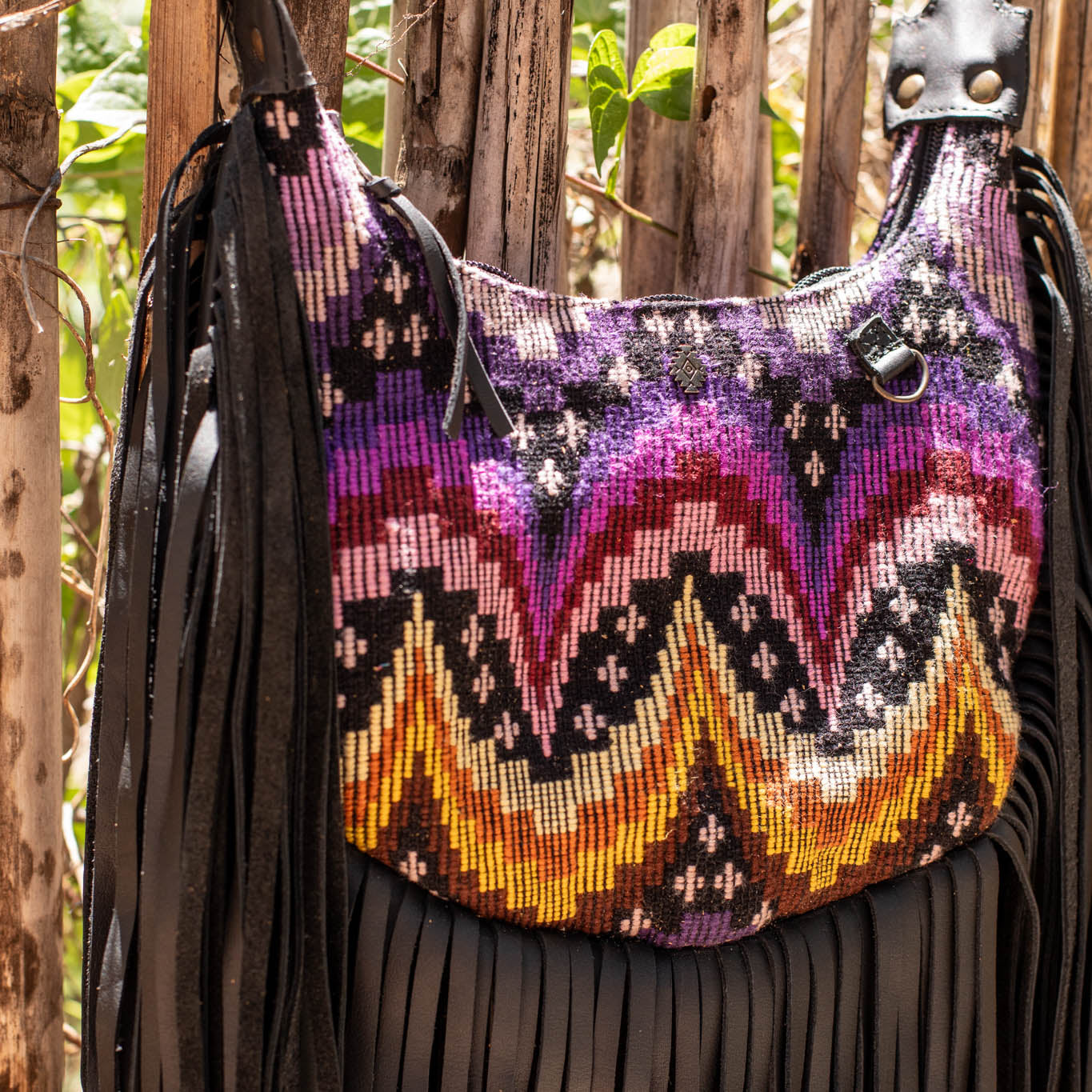 SMALL BOHO FRINGE SADDLE BAG - OOAK HUIPIL - BLACK - NO. 17143