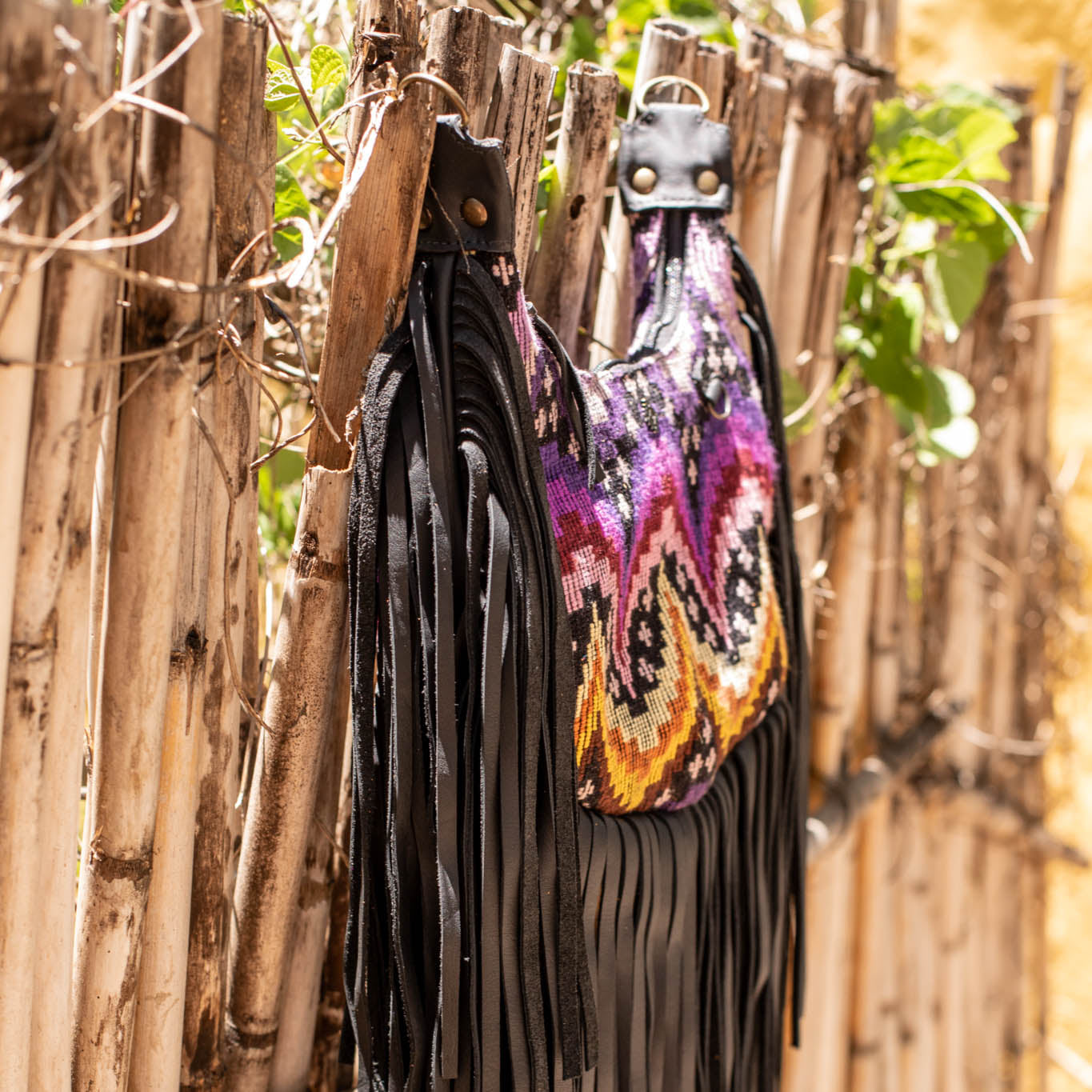 SMALL BOHO FRINGE SADDLE BAG - OOAK HUIPIL - BLACK - NO. 17143