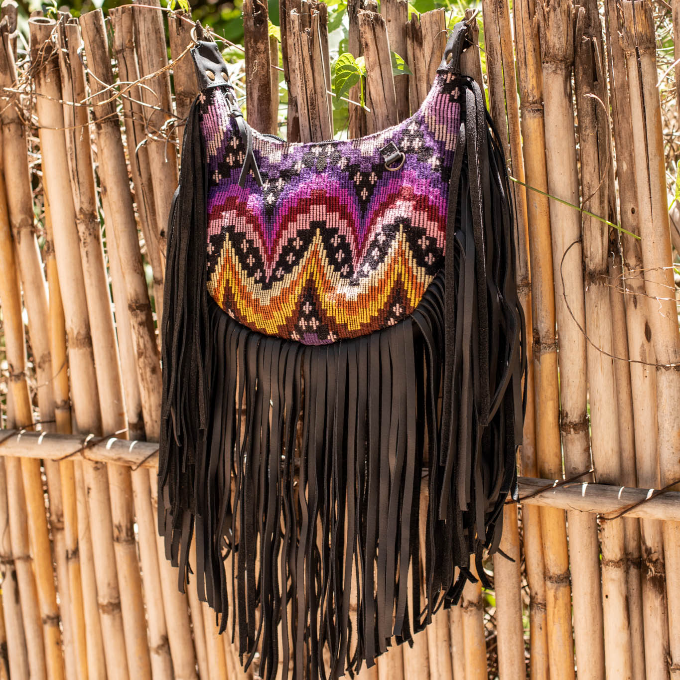 SMALL BOHO FRINGE SADDLE BAG - OOAK HUIPIL - BLACK - NO. 17143