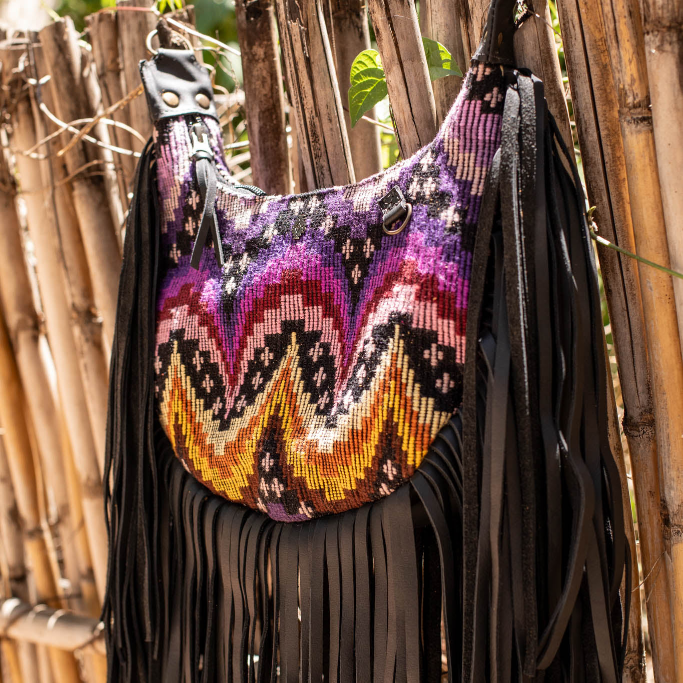 SMALL BOHO FRINGE SADDLE BAG - OOAK HUIPIL - BLACK - NO. 17143