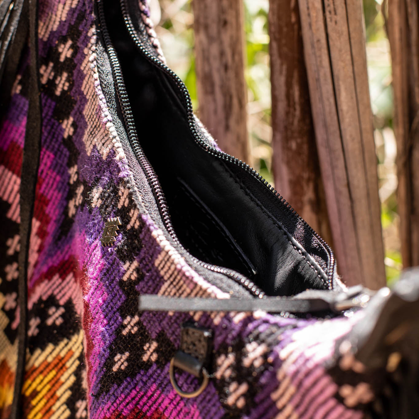 SMALL BOHO FRINGE SADDLE BAG - OOAK HUIPIL - BLACK - NO. 17143