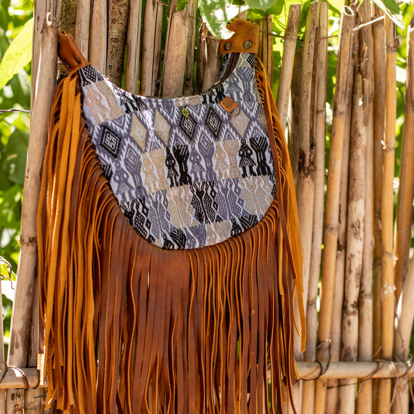 SMALL BOHO FRINGE SADDLE BAG - OOAK HUIPIL - CAFE - NO. 17132