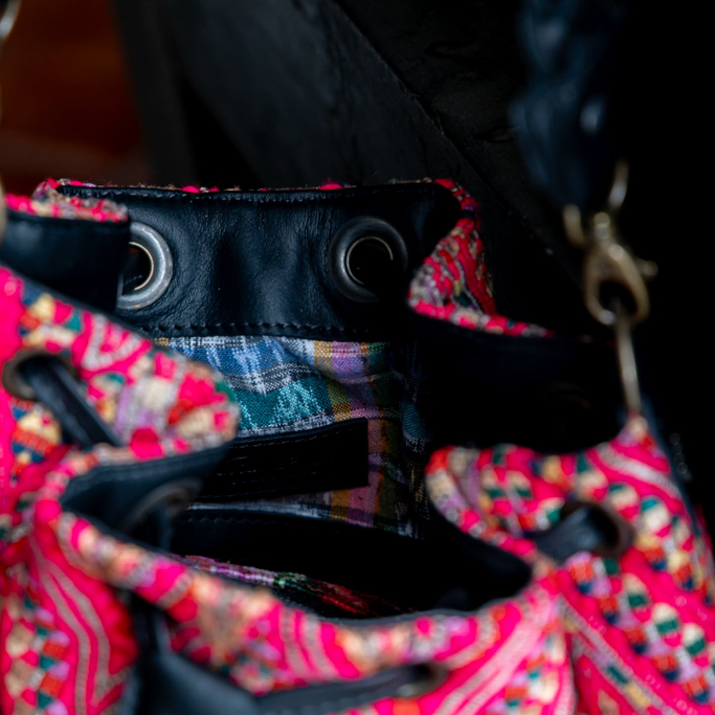 DRAWSTRING BUCKET BAG - OOAK HUIPIL - BLACK - NO. 17989