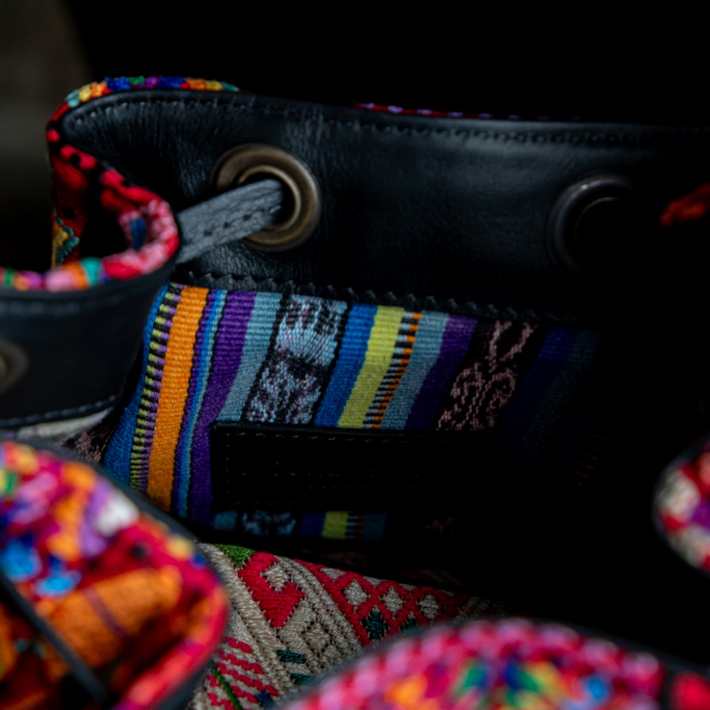 DRAWSTRING BUCKET BAG - OOAK HUIPIL - BLACK - NO. 17988