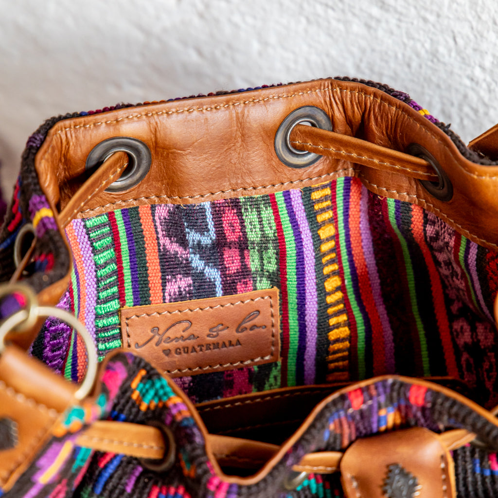 DRAWSTRING BUCKET BAG - OOAK HUIPIL - CAFE - NO. 17993