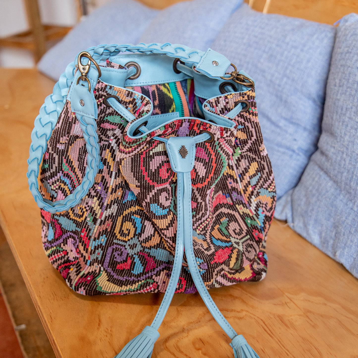 DRAWSTRING BUCKET BAG - OOAK HUIPIL - SKY BLUE - NO. 18025