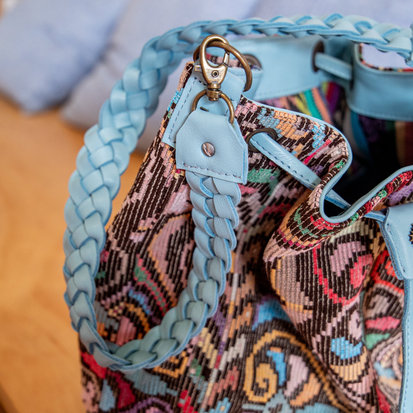 DRAWSTRING BUCKET BAG - OOAK HUIPIL - SKY BLUE - NO. 18025