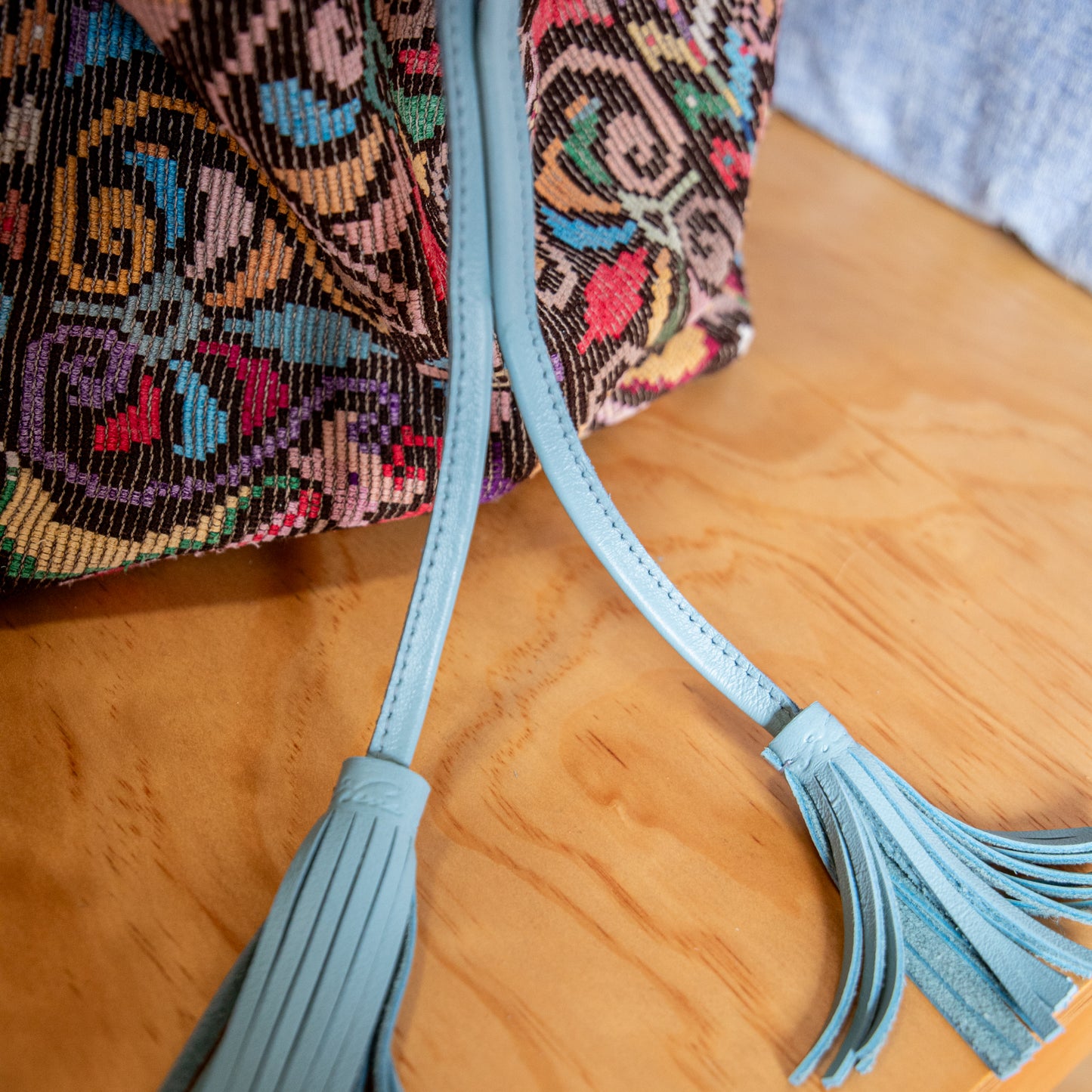 DRAWSTRING BUCKET BAG - OOAK HUIPIL - SKY BLUE - NO. 18025