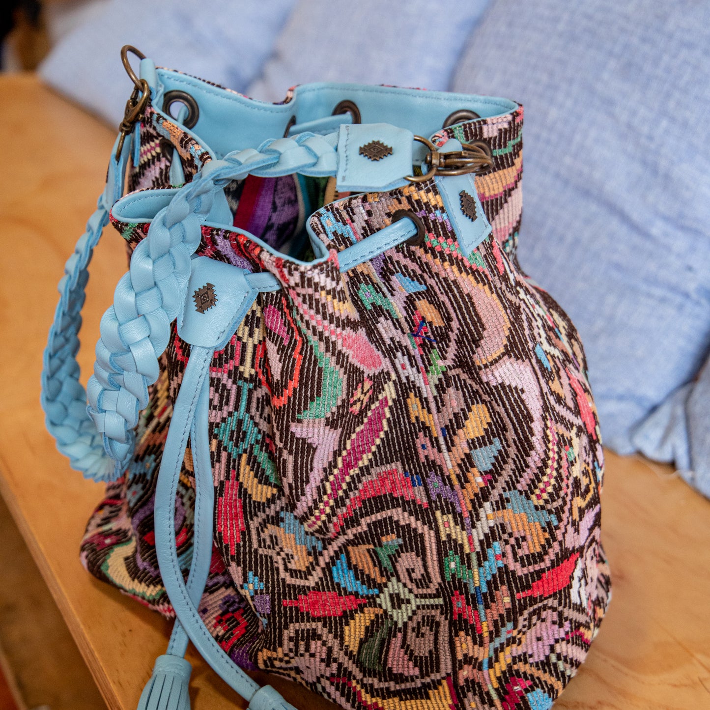 DRAWSTRING BUCKET BAG - OOAK HUIPIL - SKY BLUE - NO. 18025