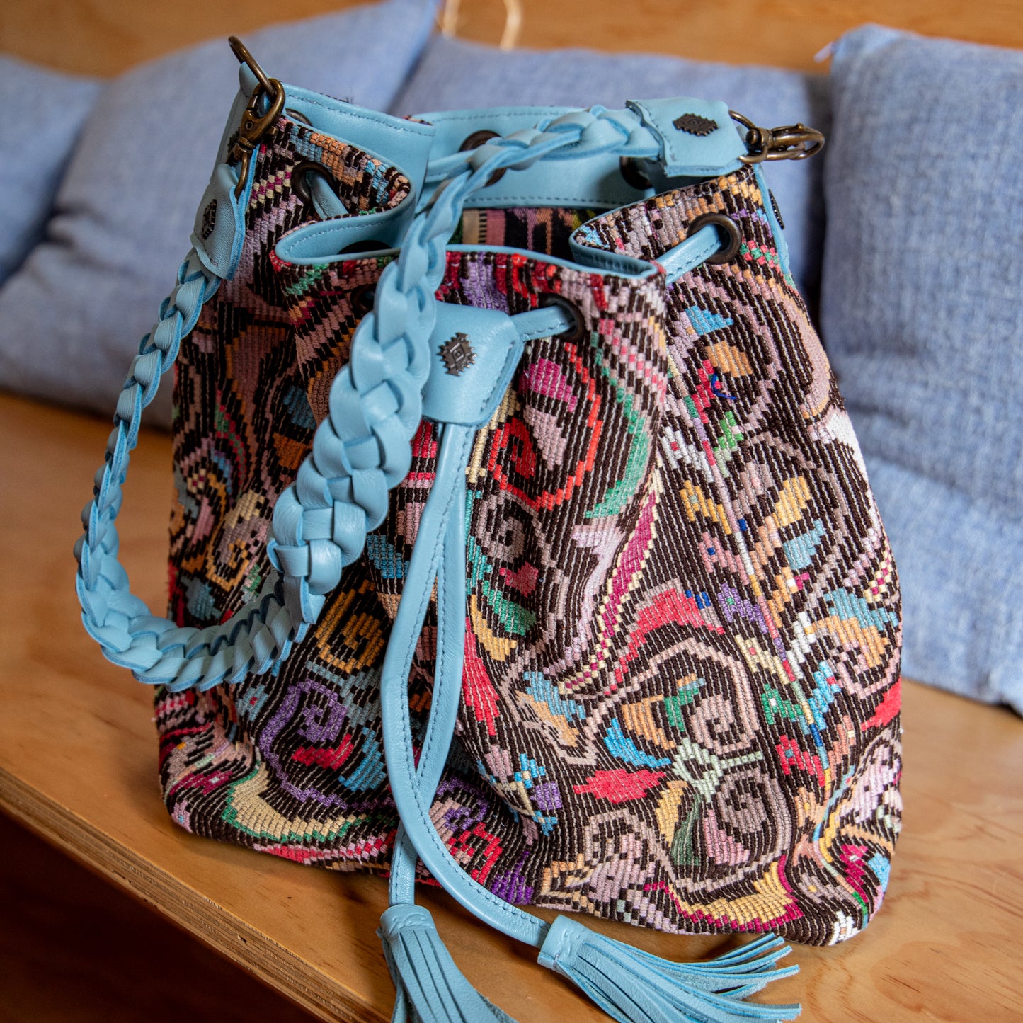 DRAWSTRING BUCKET BAG - OOAK HUIPIL - SKY BLUE - NO. 18025