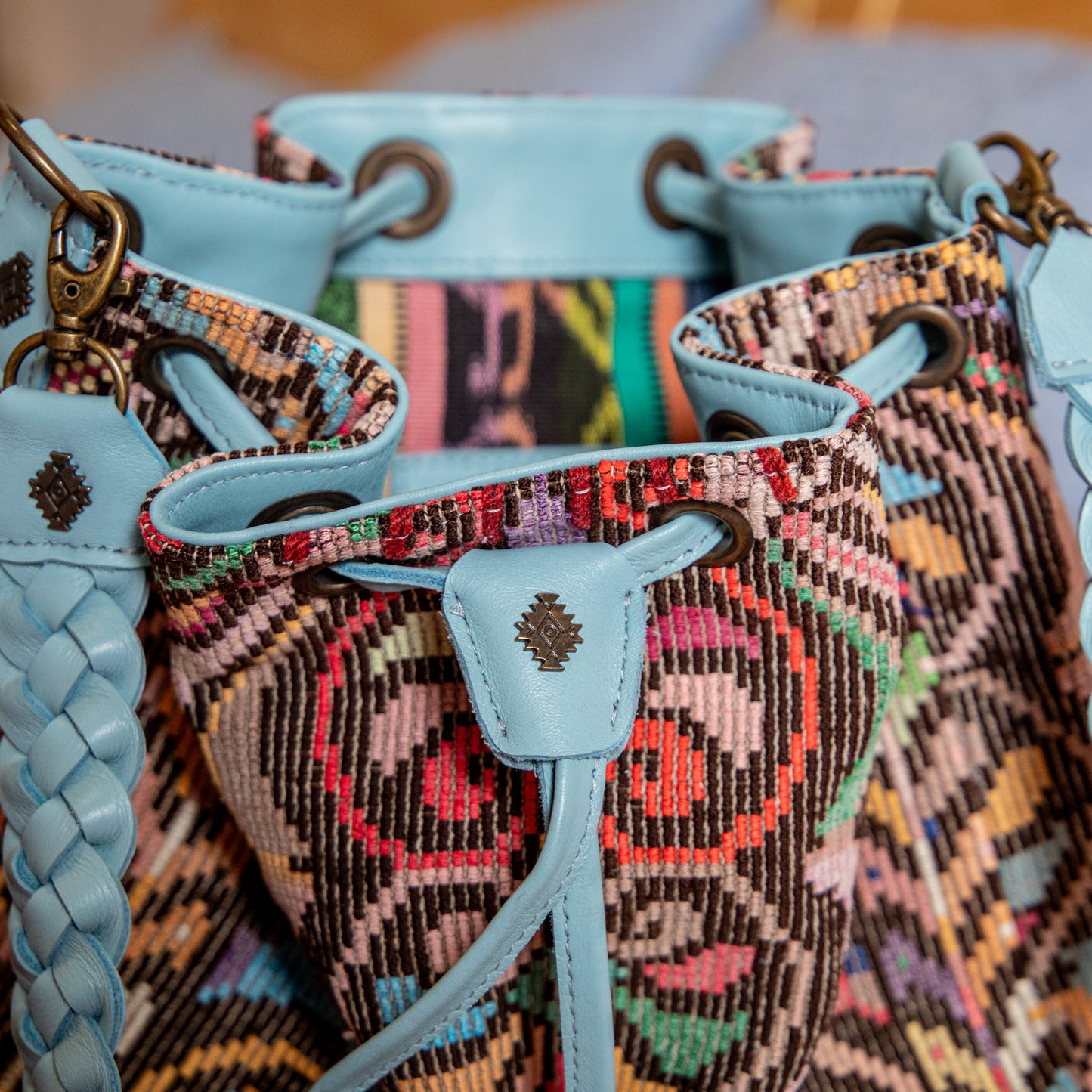 DRAWSTRING BUCKET BAG - OOAK HUIPIL - SKY BLUE - NO. 18025