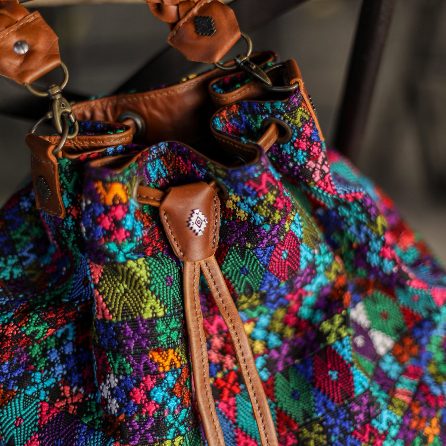 DRAWSTRING BUCKET BAG - OOAK HUIPIL - CAFE - NO. 19306