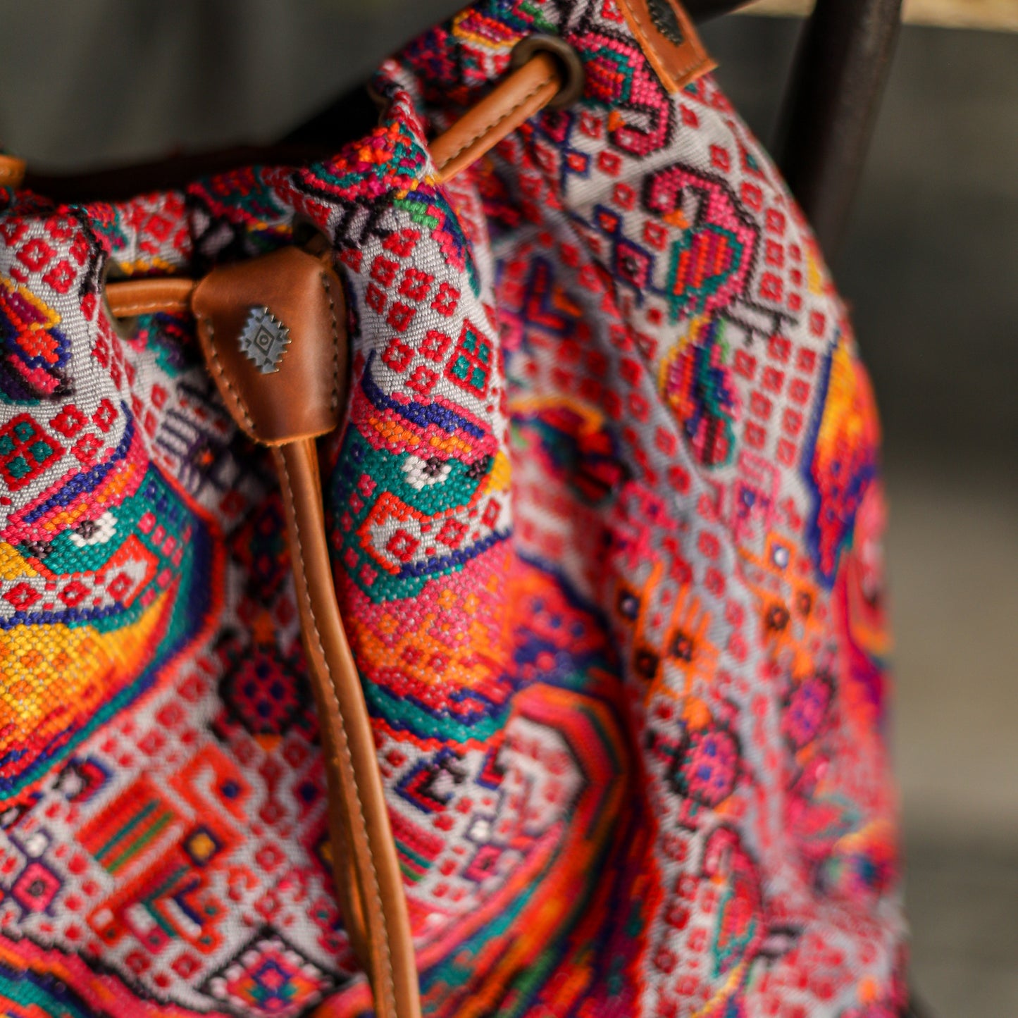 DRAWSTRING BUCKET BAG - OOAK HUIPIL - CAFE - NO. 19310