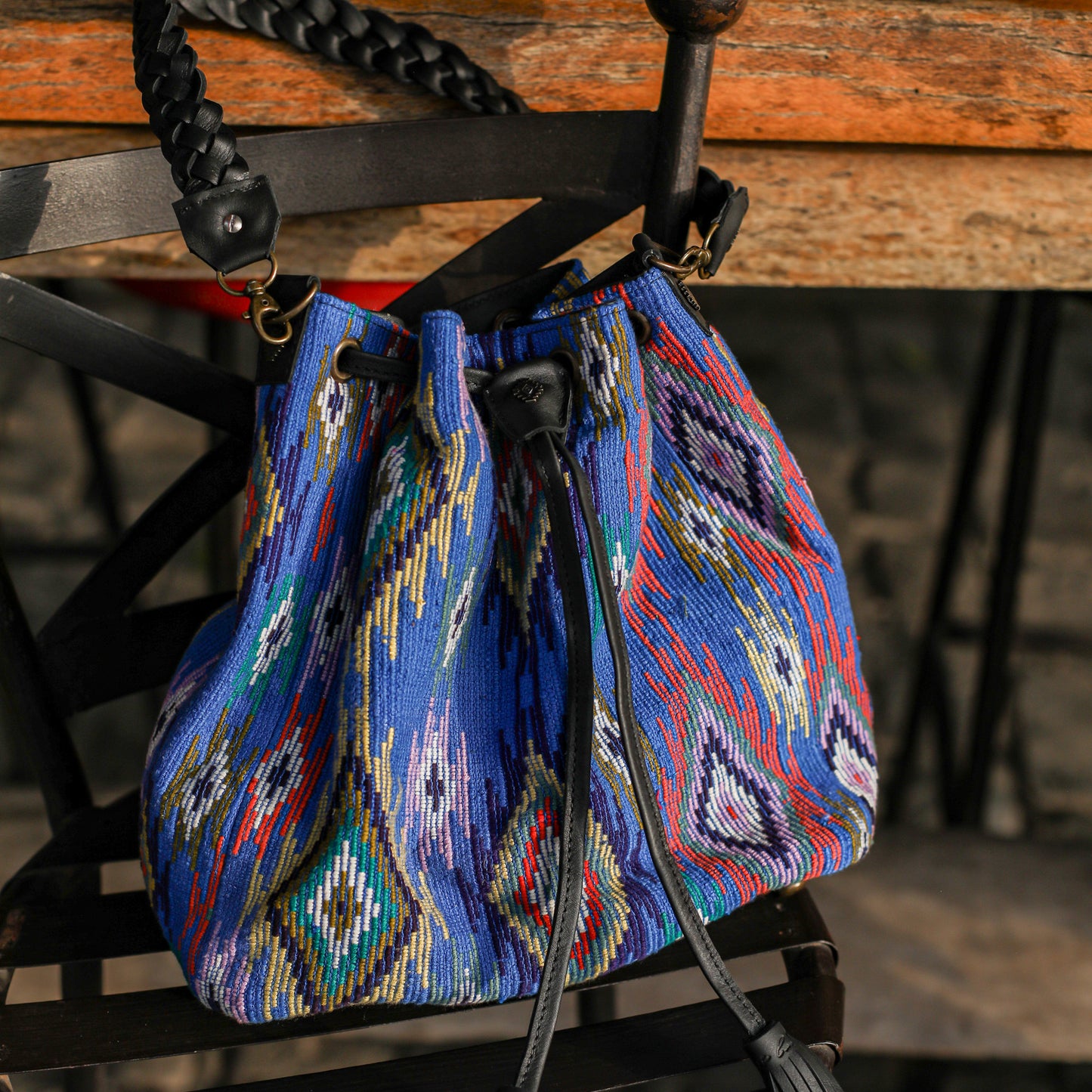 DRAWSTRING BUCKET BAG - OOAK HUIPIL - BLACK - NO. 19319