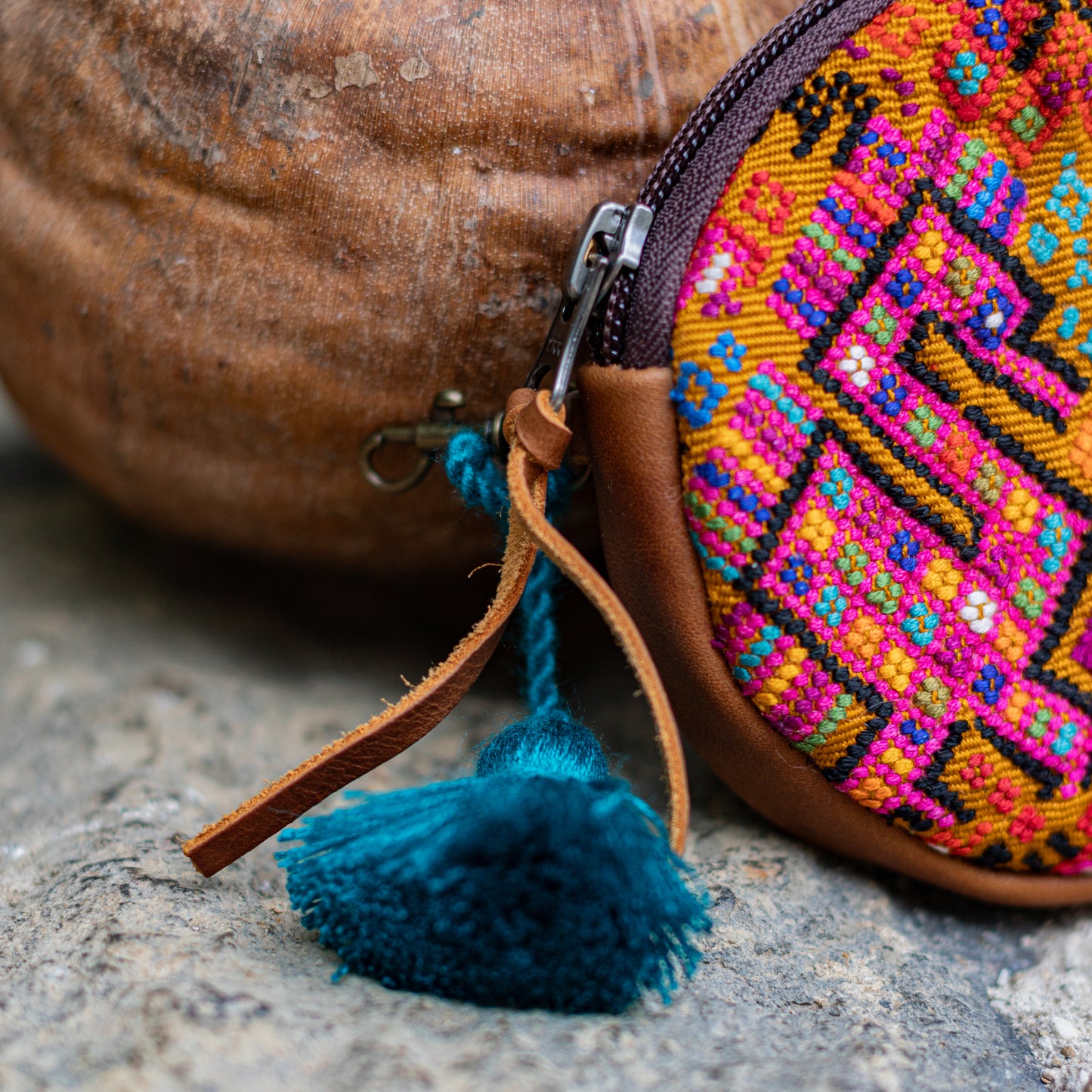 CIRCLE COIN PURSE - OOAK HUIPIL - CAFE- NO. 17511