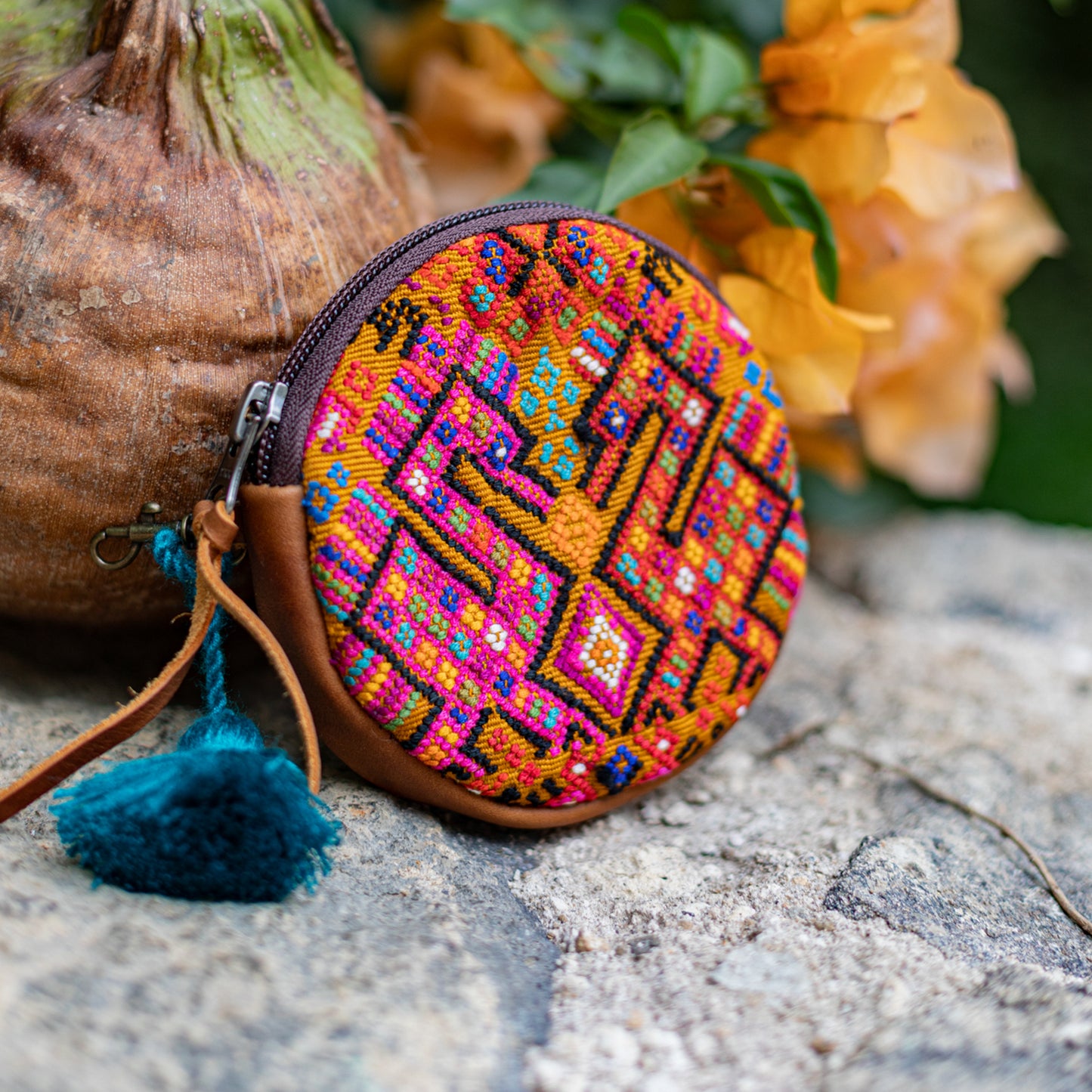CIRCLE COIN PURSE - OOAK HUIPIL - CAFE- NO. 17511