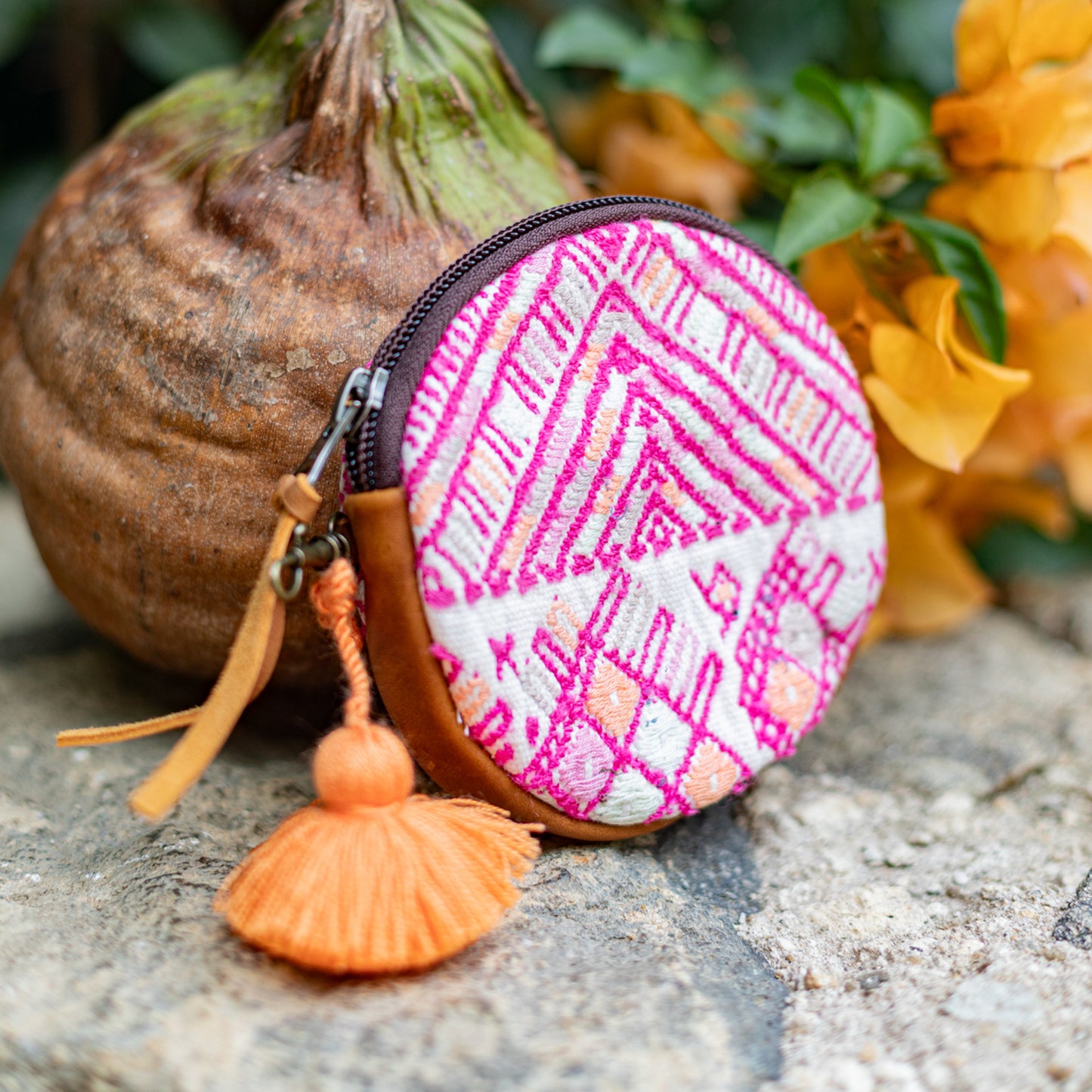 CIRCLE COIN PURSE - OOAK HUIPIL - CAFE- NO. 17508