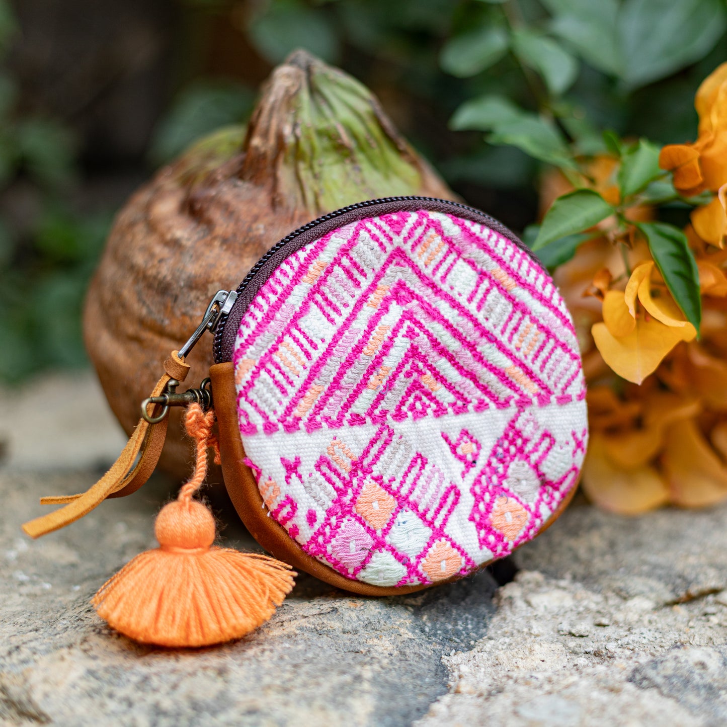 CIRCLE COIN PURSE - OOAK HUIPIL - CAFE- NO. 17508