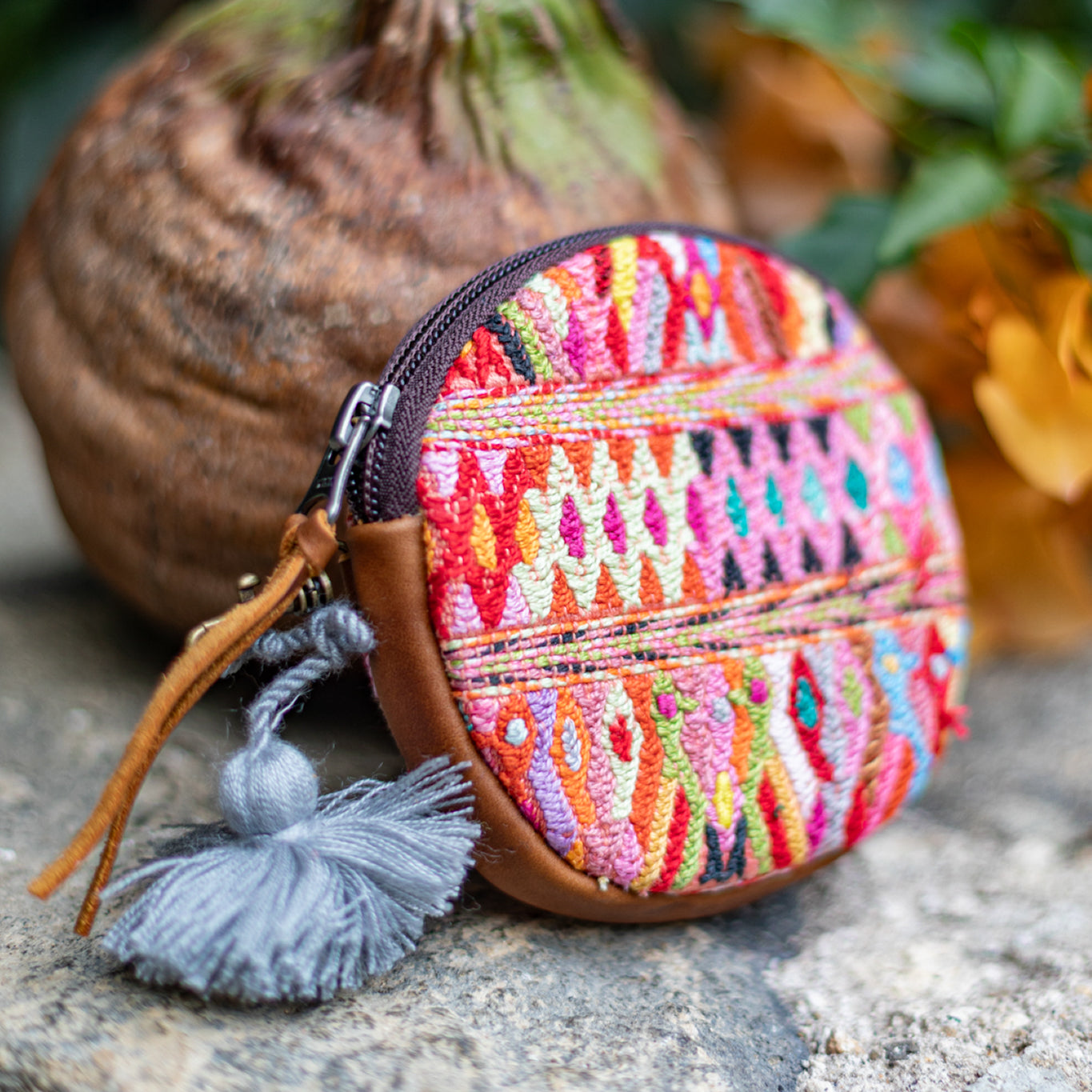 CIRCLE COIN PURSE - OOAK HUIPIL - CAFE- NO. 17516