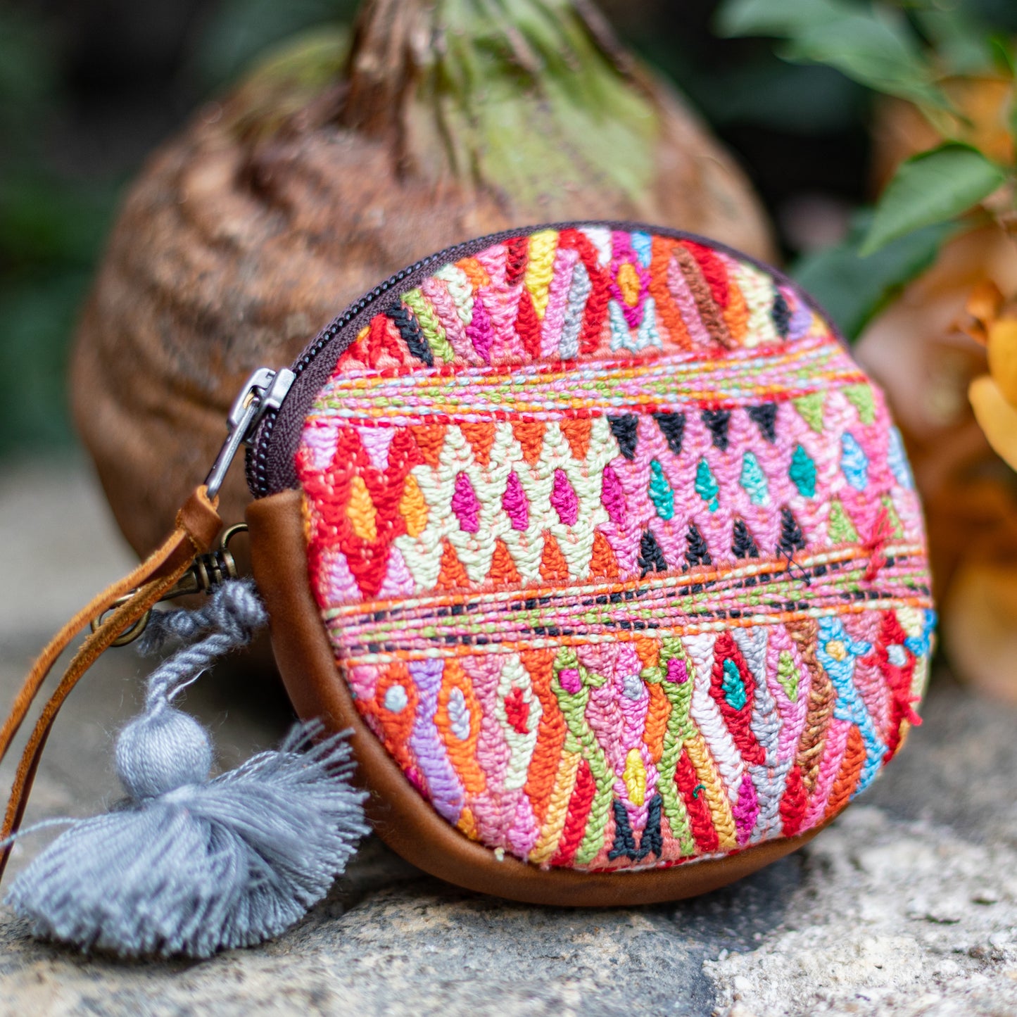 CIRCLE COIN PURSE - OOAK HUIPIL - CAFE- NO. 17516