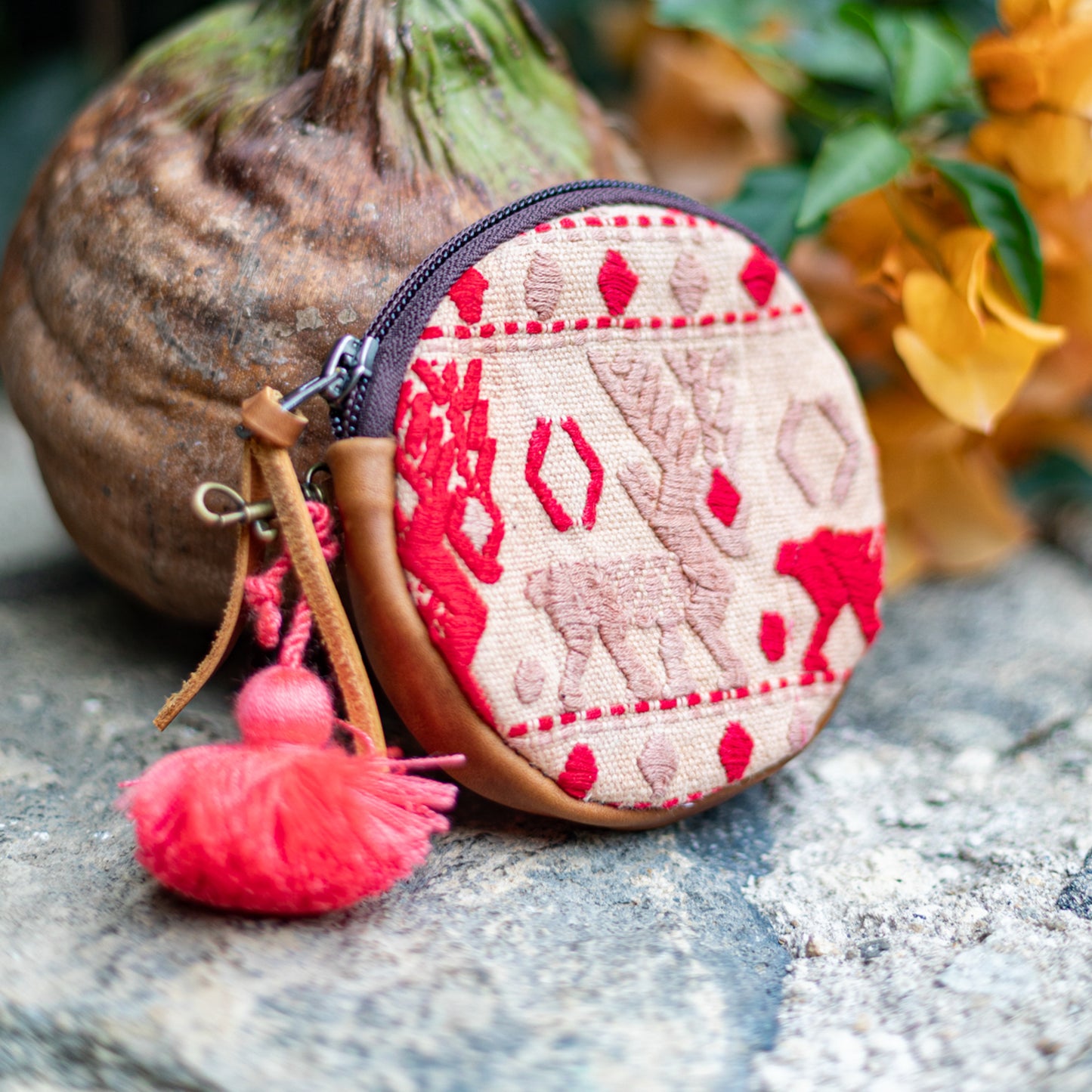 CIRCLE COIN PURSE - OOAK HUIPIL - CAFE- NO. 17509
