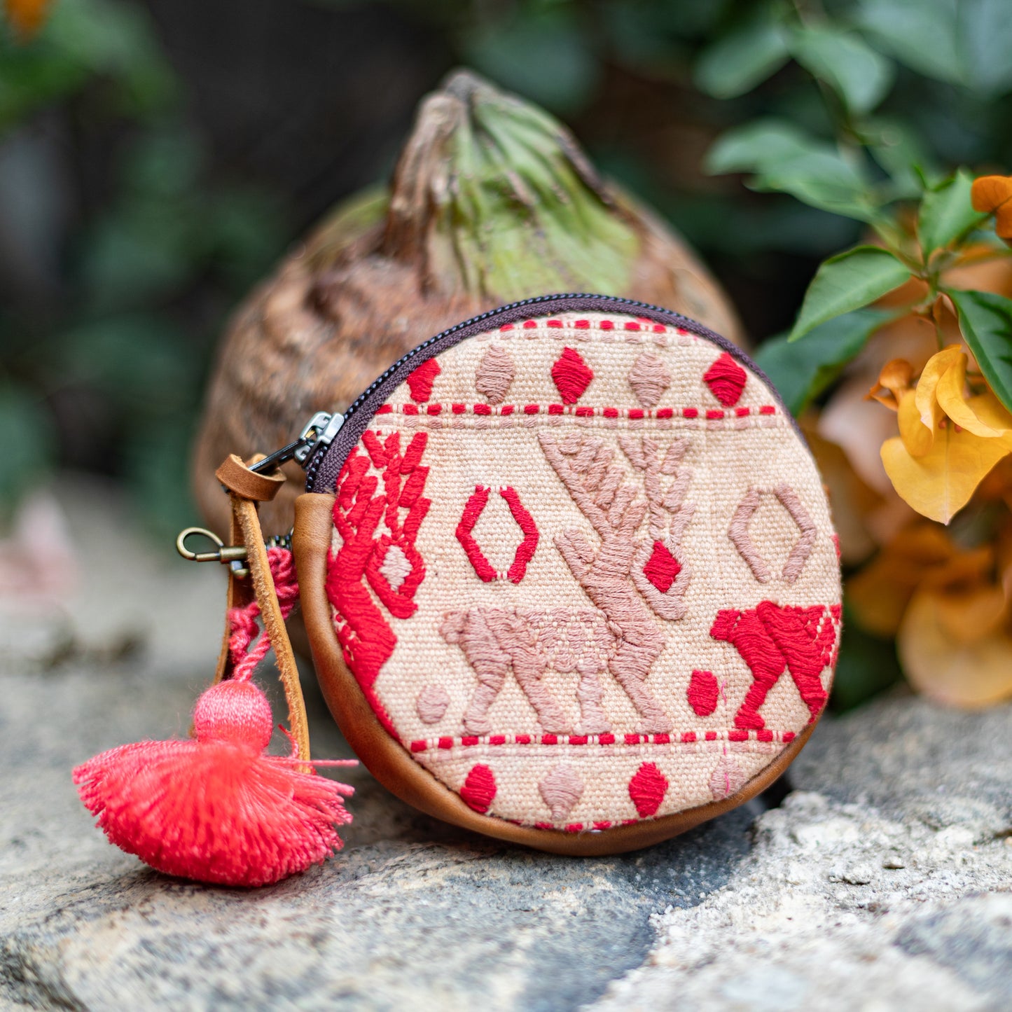 CIRCLE COIN PURSE - OOAK HUIPIL - CAFE- NO. 17509