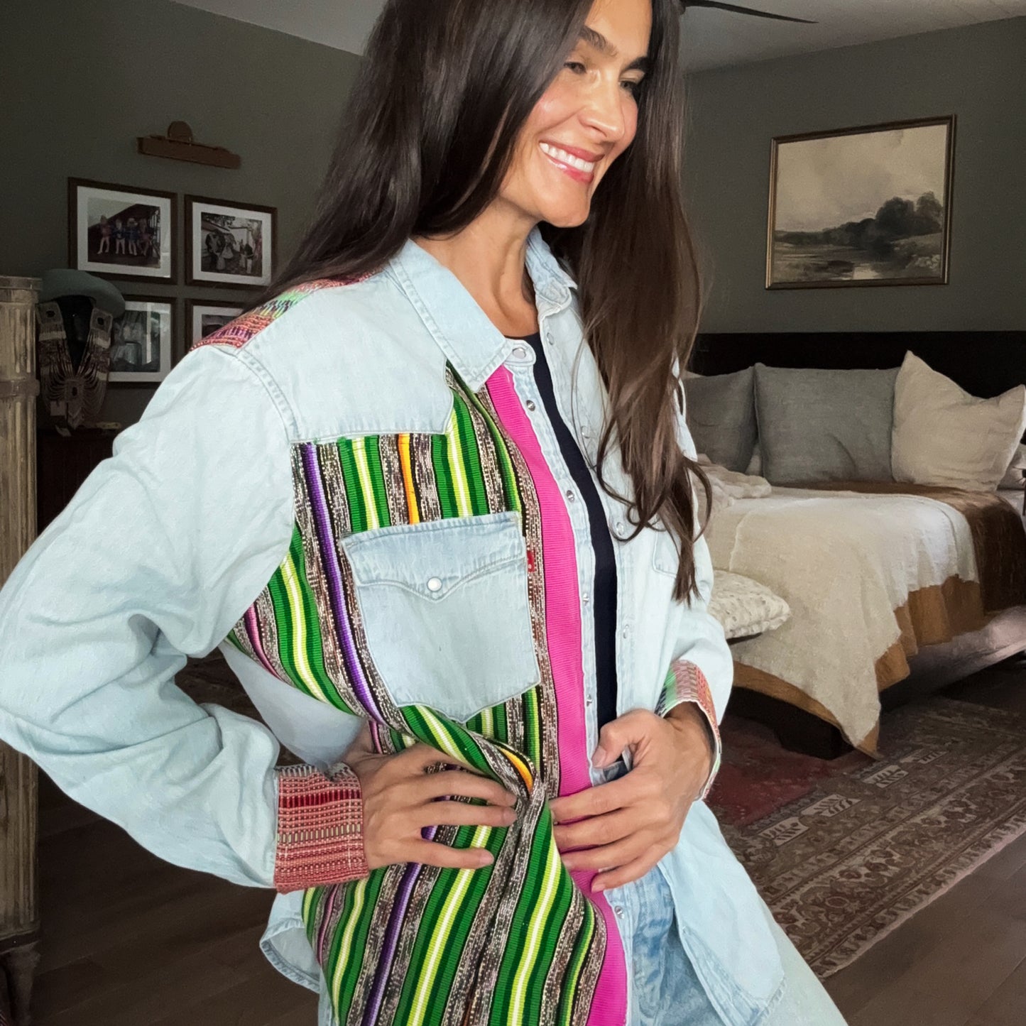 DENIM SHIRT WITH ARTISAN TEXTILE DETAILS - SIZE XL - NO. 15353