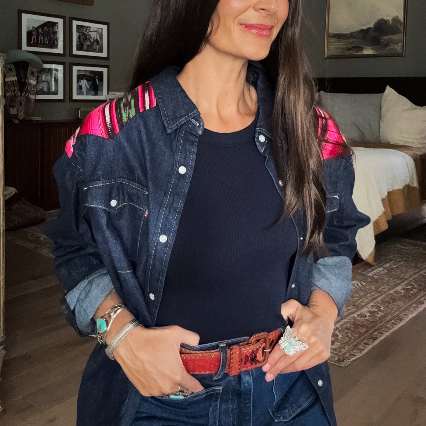 DENIM SHIRT WITH ARTISAN TEXTILE DETAILS - SIZE XXL - NO. 15361